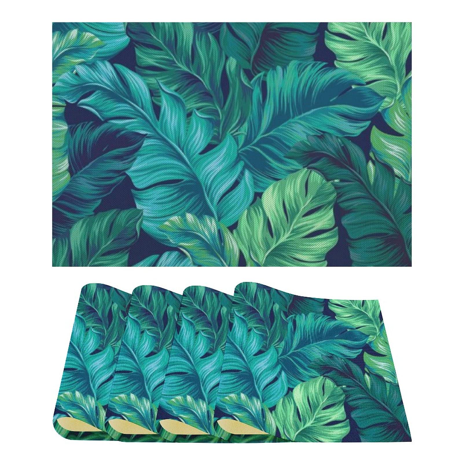 Turquoise Green Tropical Leaves Surf Placemats - Set of 4 Waterproof Cotton Linen Table Mats for Dining - Easy Clean, Washable & Resistant - Perfect for Beach House, Summer Parties & Holiday Table Decor
