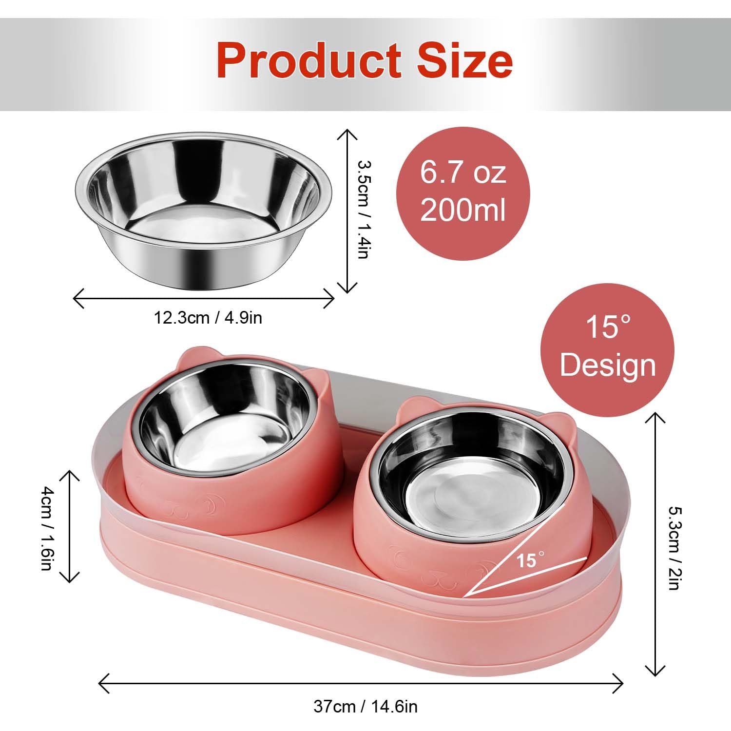 Stainless Steel Elevated Cat Food and Water Bowls Set with Stand - Tilted Anti-Vomiting Design for Healthy Eating - Perfect for Double Cats, Small Pets - Ideal for Home, Kitchen, or Travel Use (Pink)
