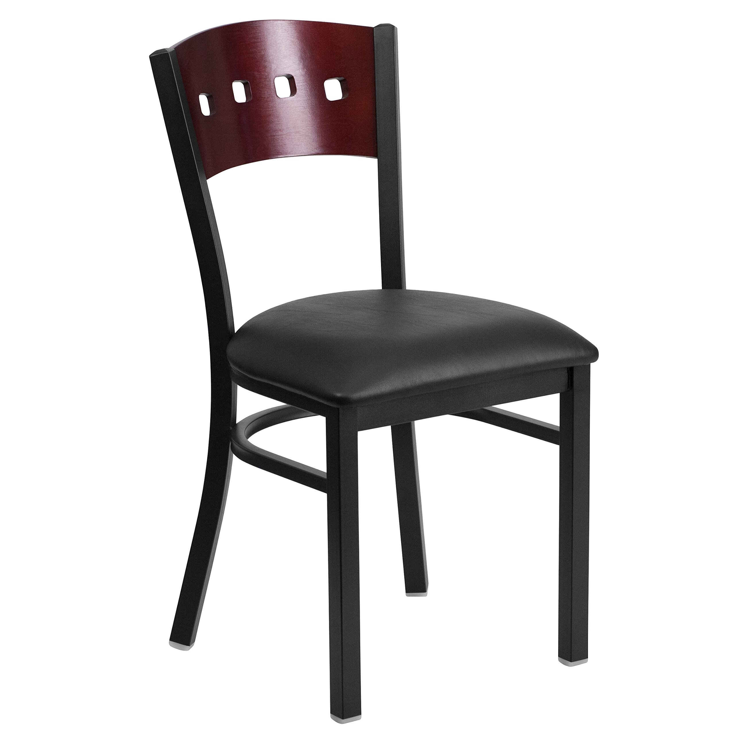 EMMA + OLIVER Black 4 Square Back Metal Dining Chair with Mahogany Back & Black Seat - Modern Kitchen & Dining Room Furniture for Home & Restaurant Use