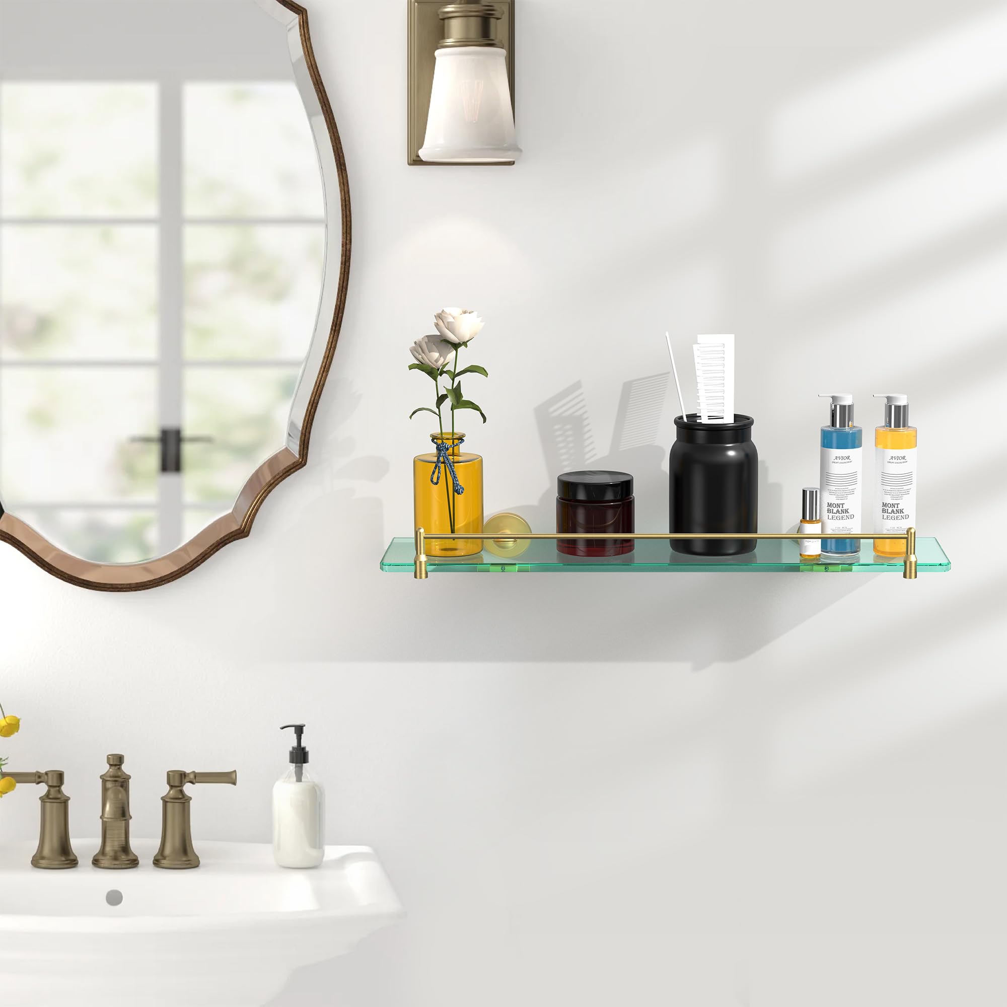 20-Inch Gold Tempered Glass Floating Shelf for Bathroom - Modern Stainless Steel Wall Mounted Storage Shelf | Perfect for Shower Organizer, Bathroom Decor & Small Space Storage Solution