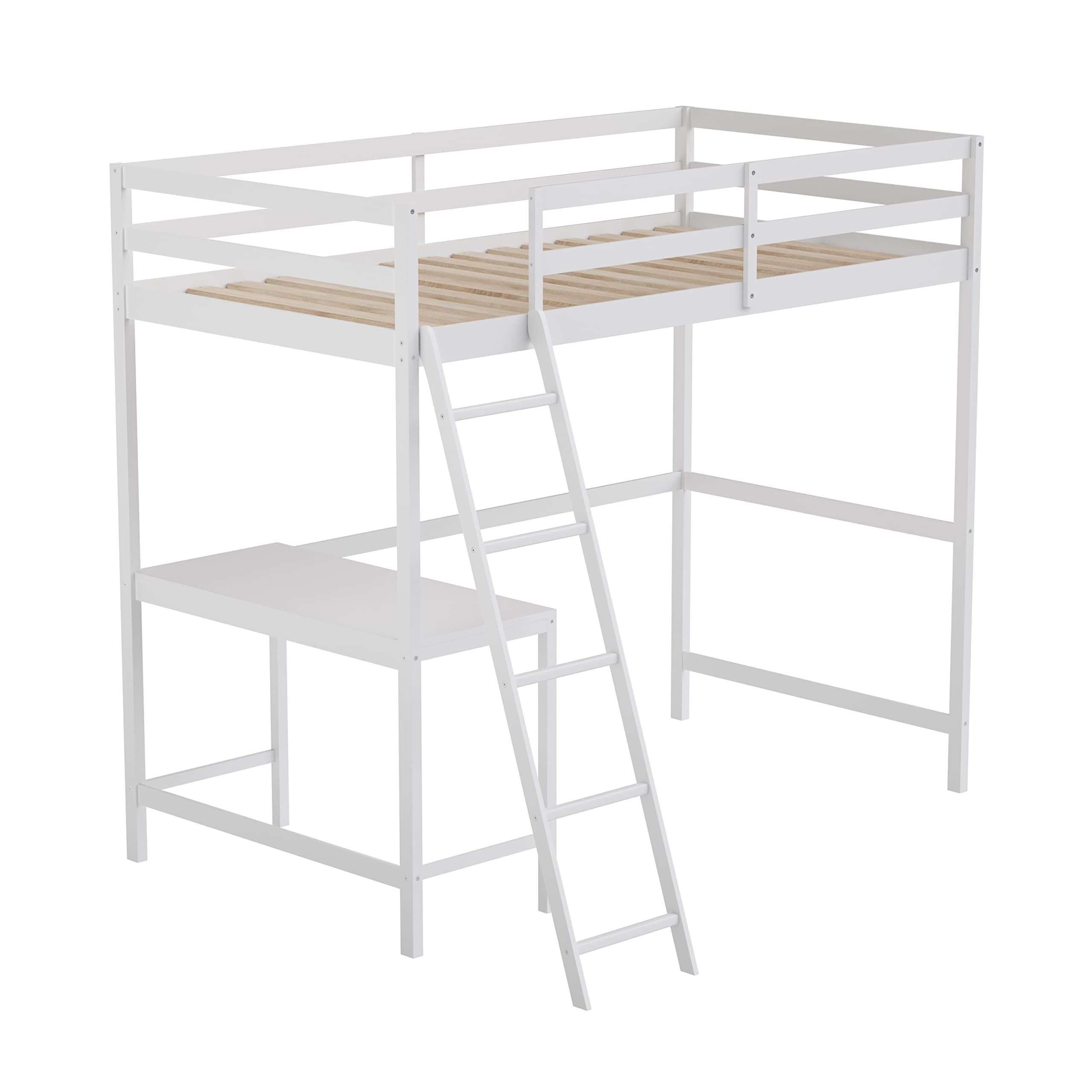Emma & Oliver Ridley Twin Size Loft Bed with Built-in Desk - White Pine Wood Frame with Safety Guardrails - Fits 6-8