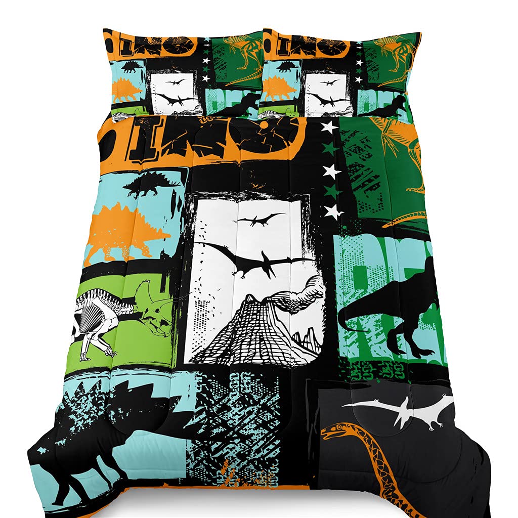 Dinosaur Comforter Set Twin Size - Soft Cartoon Print Quilt & 2 Pillowcases for Boys Girls Kids | Dino Themed Bedding for Cozy Sleep & Kids Room Decor