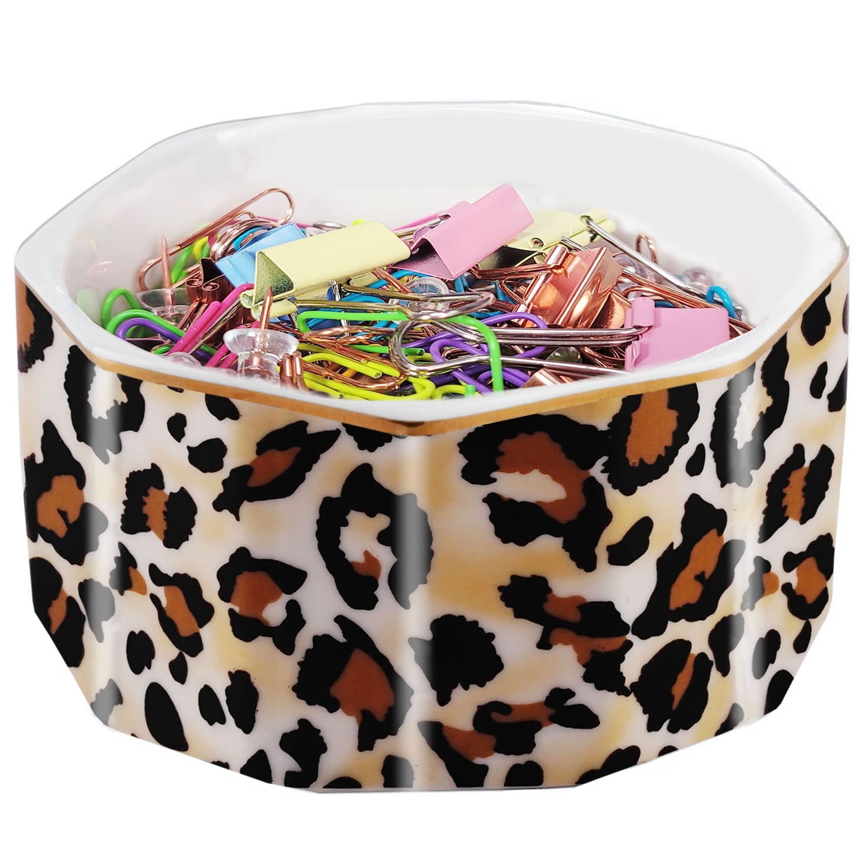 Gold Line Ceramic Paper Clip Holder - Stylish Desk Organizer for Paper Clips, Binder Clips, Bobby Pins & Hair Clips | Cute Leopard Print Office Gift for Women & Professionals | Perfect for Home, Office & School Use