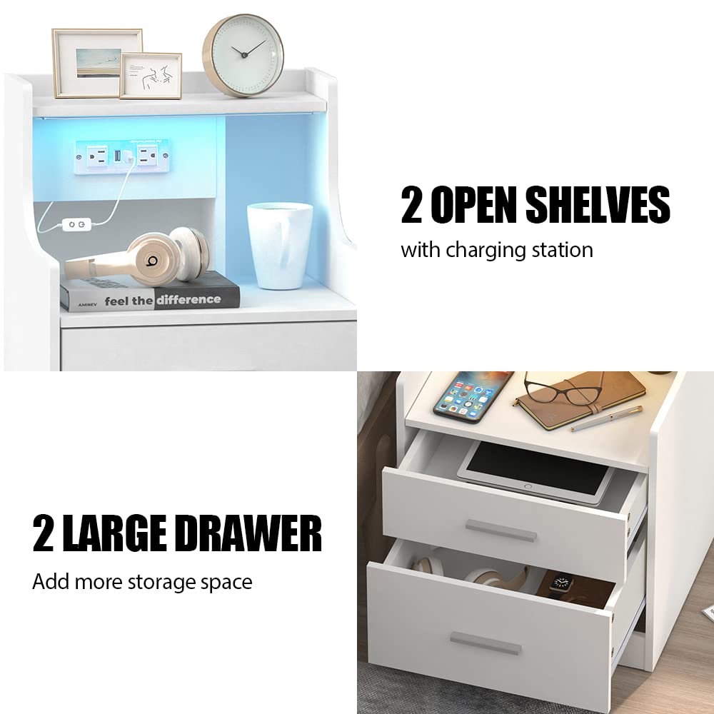 White Nightstand with Charging Station & LED Lights - 2 Drawers Bedside Table for Kids Bedroom & Living Room - Perfect for Toddlers' Bedside Storage
