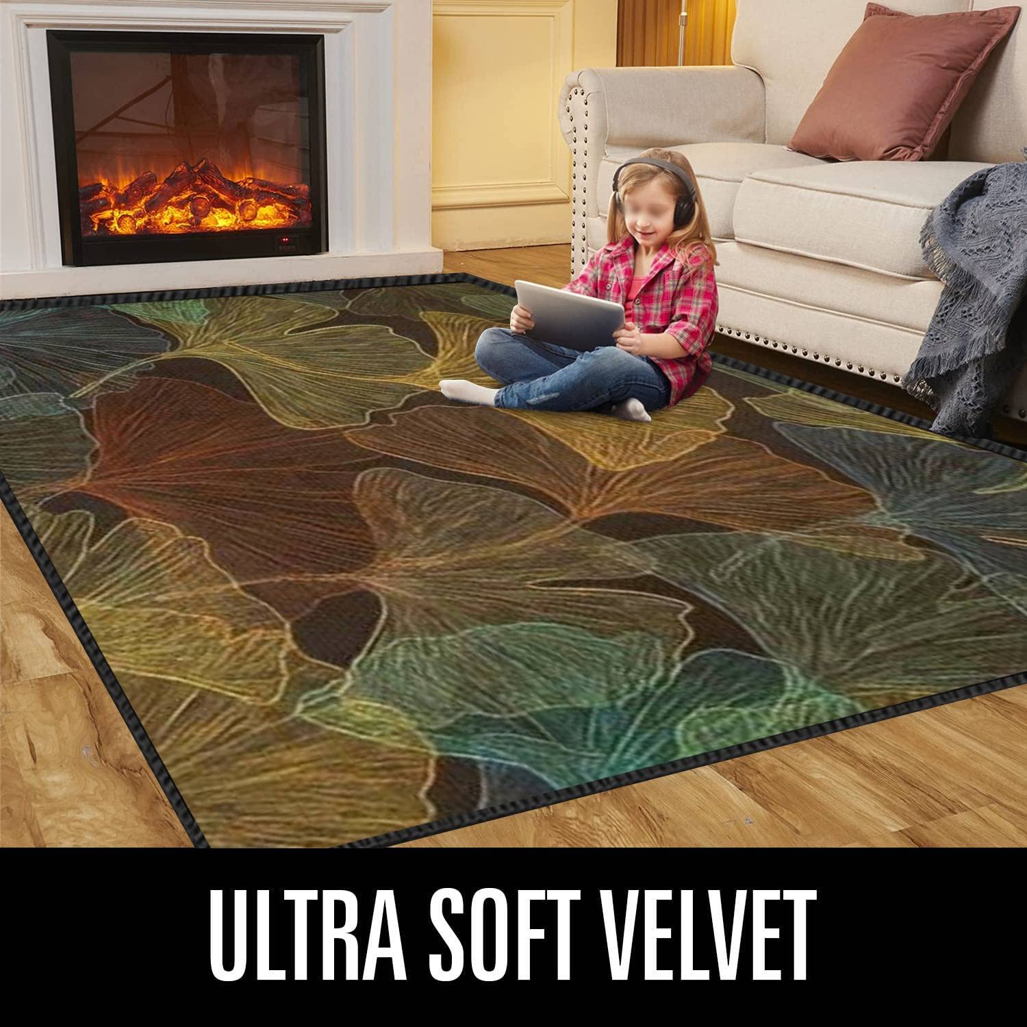 Autumn Ginkgo Leaves Abstract Non-Slip Area Rug - Modern Dark Leaves Skeleton Design Seamless Soft Floor Carpet for Living Room, Bedroom, Kids Room | Indoor/Outdoor Use | Perfect for Fall Home Decor & Cozy Spaces