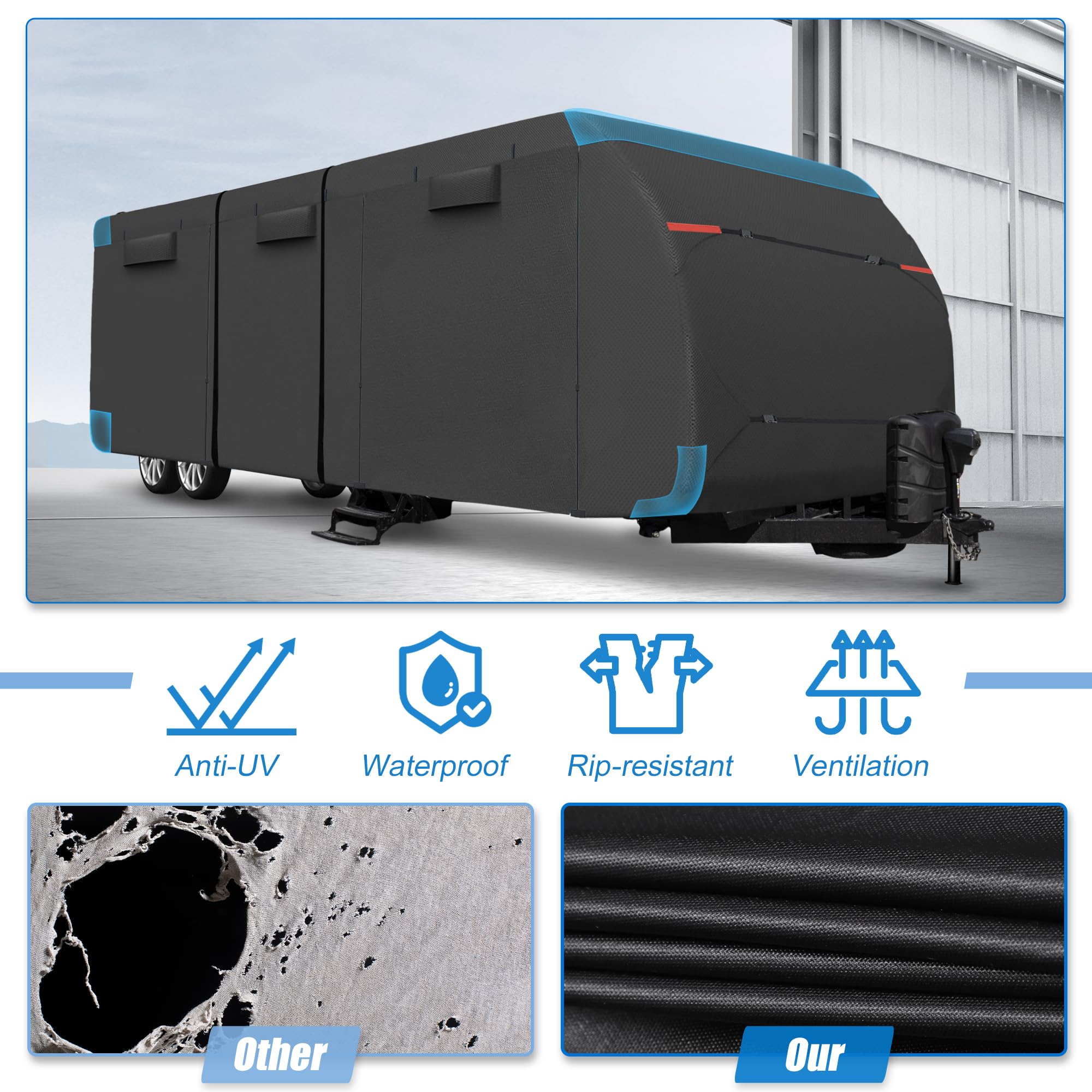 uxcell Waterproof RV Cover for 20'-22' Travel Trailers - Windproof, Anti-UV Camper Cover with Extra Windproof Ropes & Gutter Covers - All Season Protection (Black) - Perfect for Outdoor Storage, Camping & Travel
