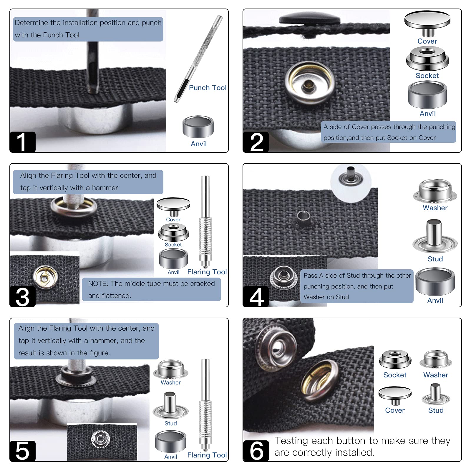 128-Piece (32 Sets) Stainless Steel Snap Fastener Kit - 5/8