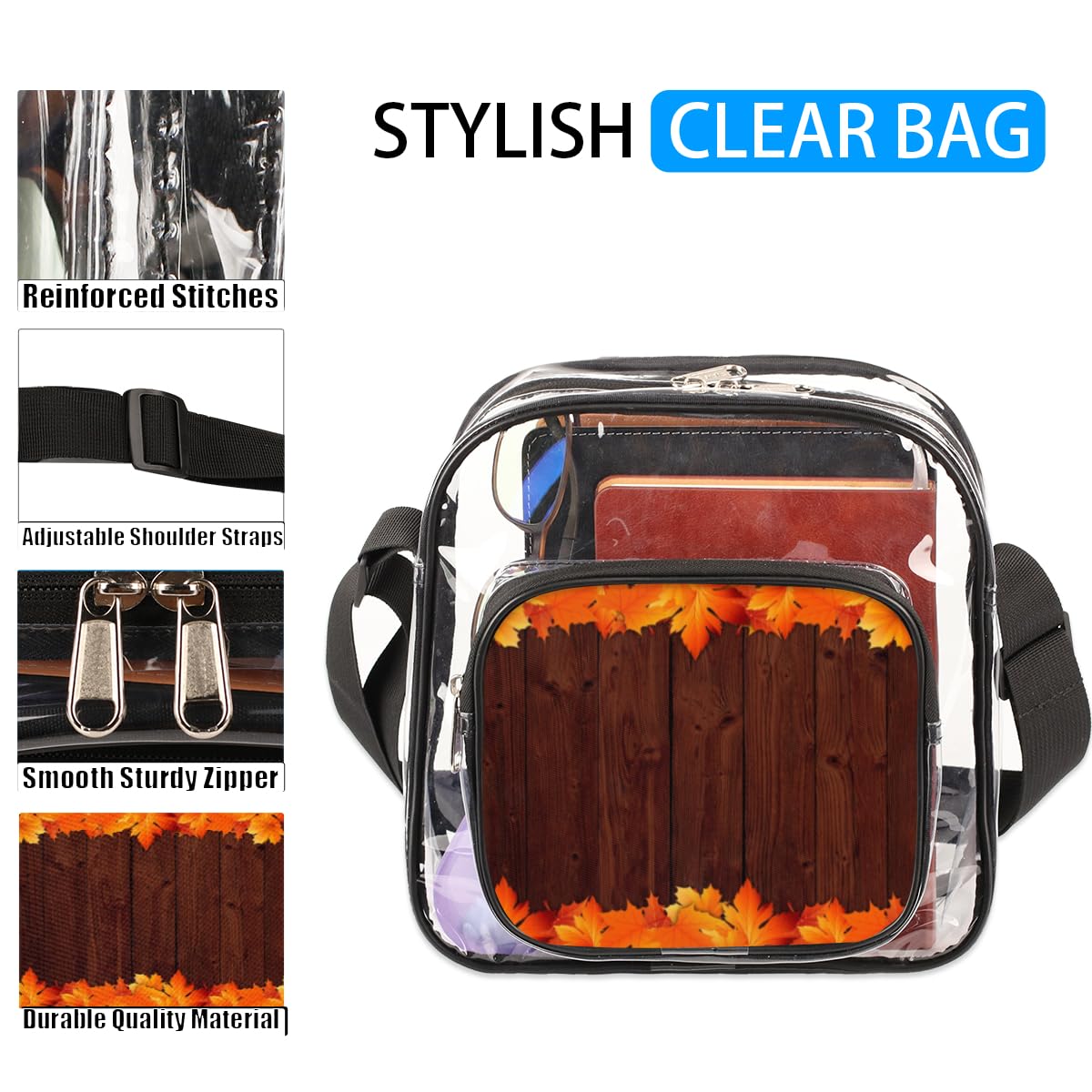 Fall Maple Leaf Clear Crossbody Purse - Stadium Approved Transparent Bag for Women & Men - Perfect for Festivals, Sports Events & Small Concerts - Autumn Leaf Design Fashion Accessory for Outdoors, Travel & Shopping