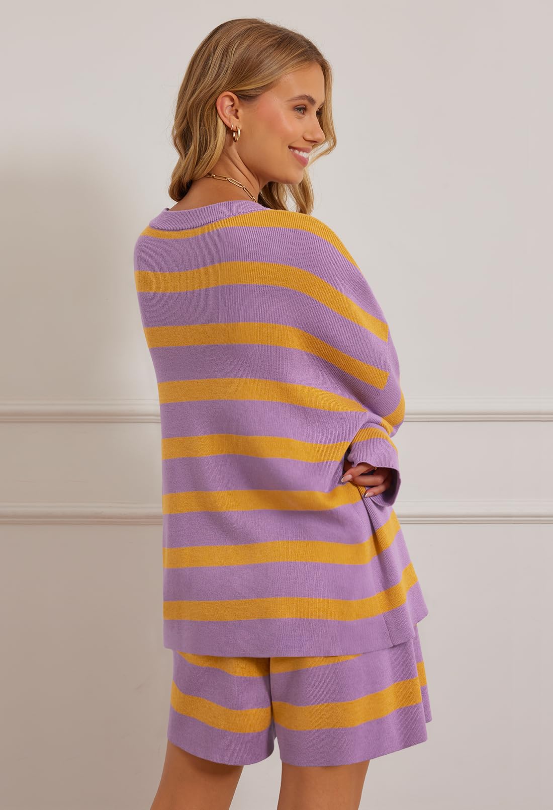 MEROKEETY Women's 2-Piece Sweater Lounge Set - Striped Long Sleeve Top & Shorts - Oversized Matching Outfit for Women - Cozy Loungewear for Home, Yoga & Casual Wear