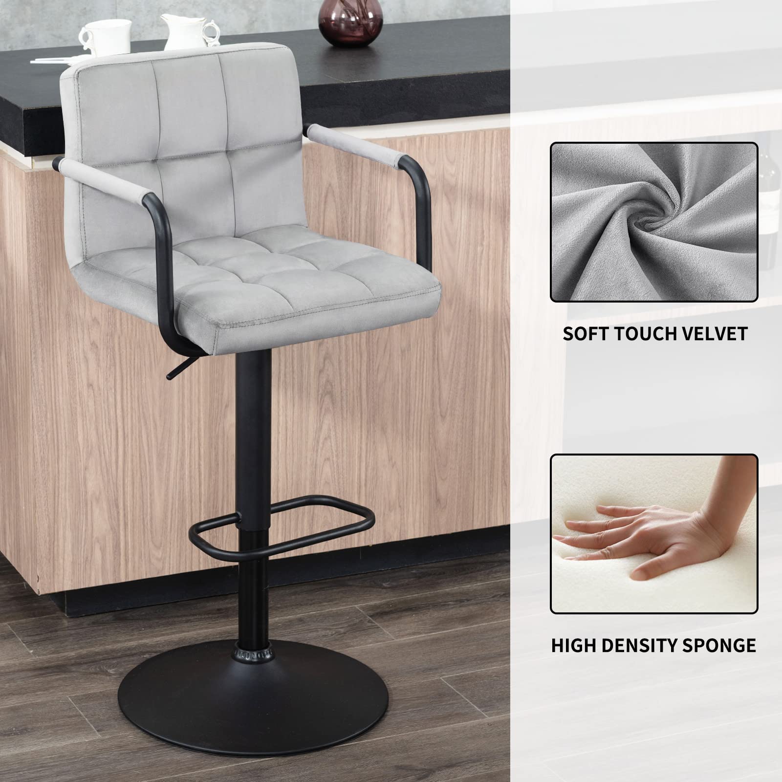 Furnimart Adjustable Swivel Bar Stools Set of 2 - Upholstered Counter Height Bar Chairs with Armrest & Footrest, Velvet Grey - Perfect for Kitchen Island, Breakfast Bar & Dining Room