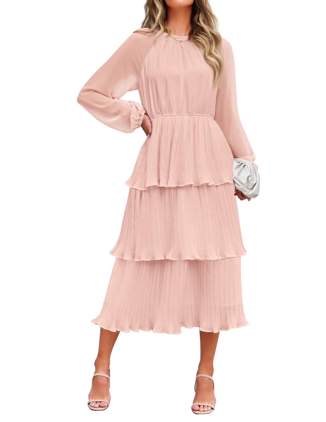 ZESICA Women's 2025 Long Sleeve Chiffon Dress with Ruffle Tiered Layers - Elegant Crew Neck Swing Midi Dress for Party, Wedding & Special Occasions
