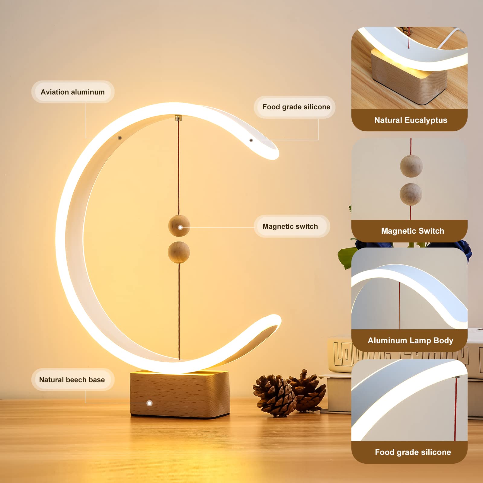 Smart Magnetic Suspension Balance Lamp - LED Wooden Desk Lamp with Creative Floating Design, Modern Night Light for Home Office, Dorm Room & Bedside (Perfect Gift for Birthday & Housewarming) - Ideal for Reading, Working & Relaxing in Bedroom or Study