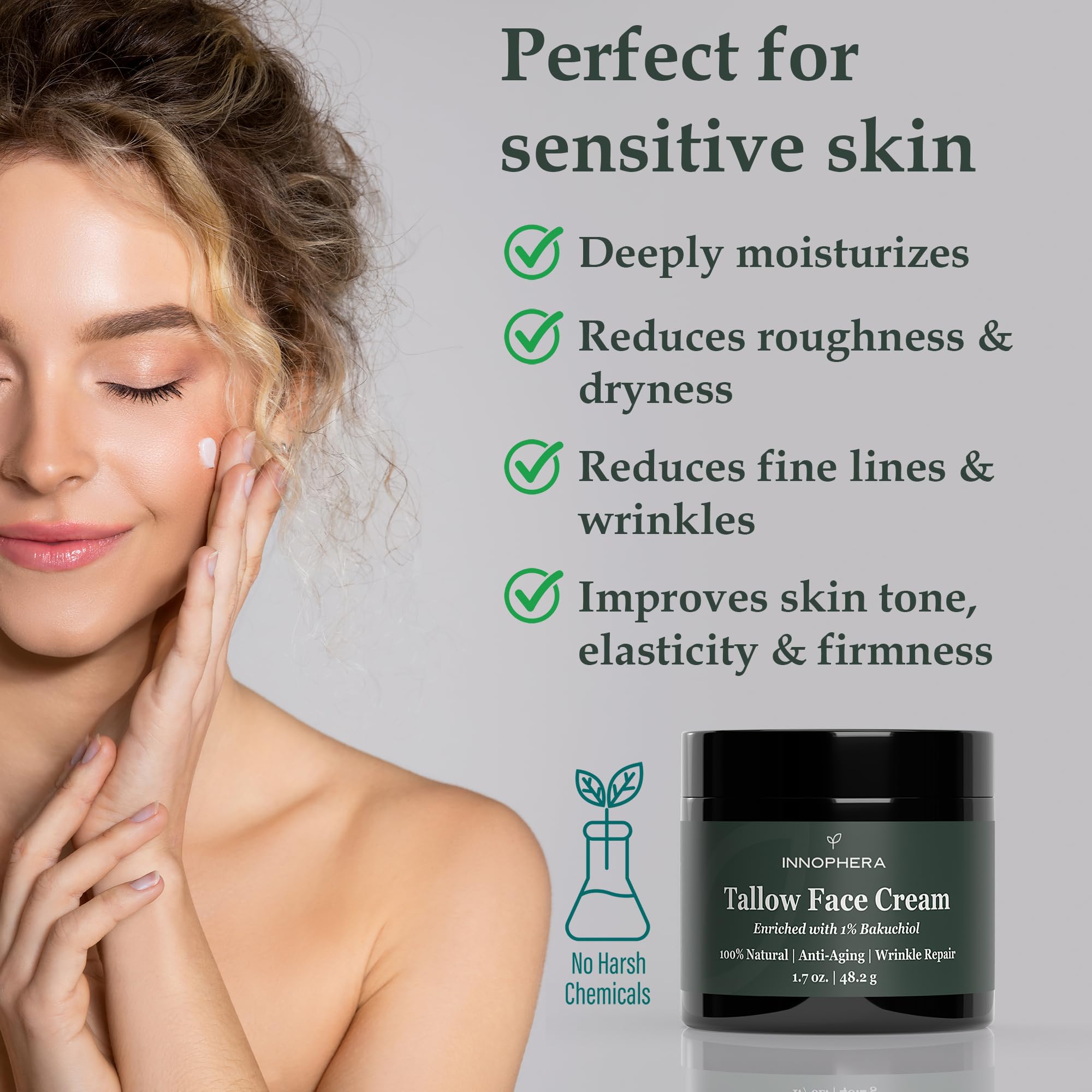 100% Natural Whipped Beef Tallow Face Cream with 1% Bakuchiol - Anti-Aging Wrinkle Repair & Moisturizer for Sensitive Skin - Unscented 1.7 oz - Perfect for Nighttime Skincare Routine & Dry Skin Relief