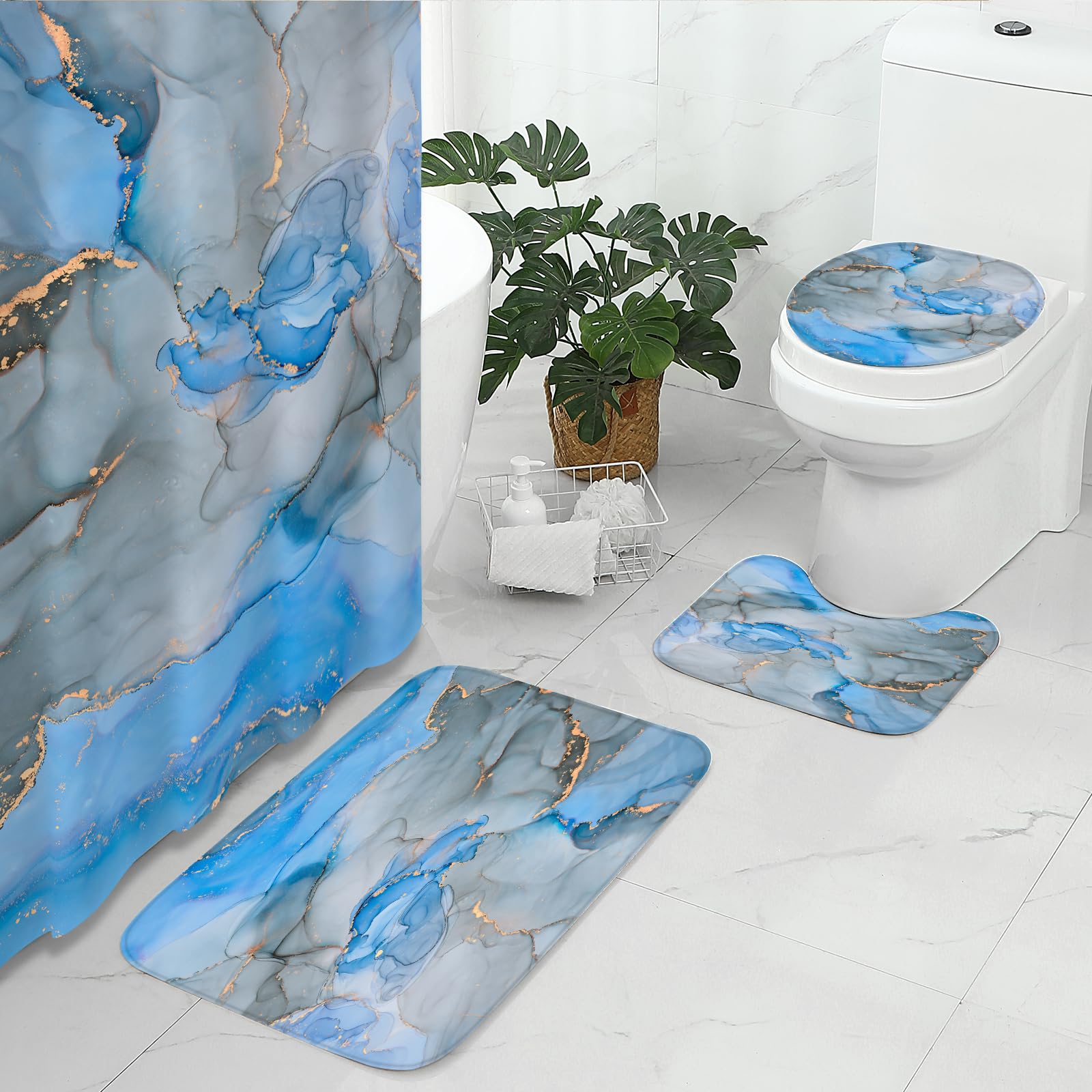 Gibelle 4-Piece Bathroom Shower Curtain Set - Non-Slip Rugs, Toilet Lid Cover & Bath Mat - Blue Grey Marble Bathroom Decor for Modern Homes - Perfect for Guest Bathrooms, Master Suites & Spa-Like Retreats