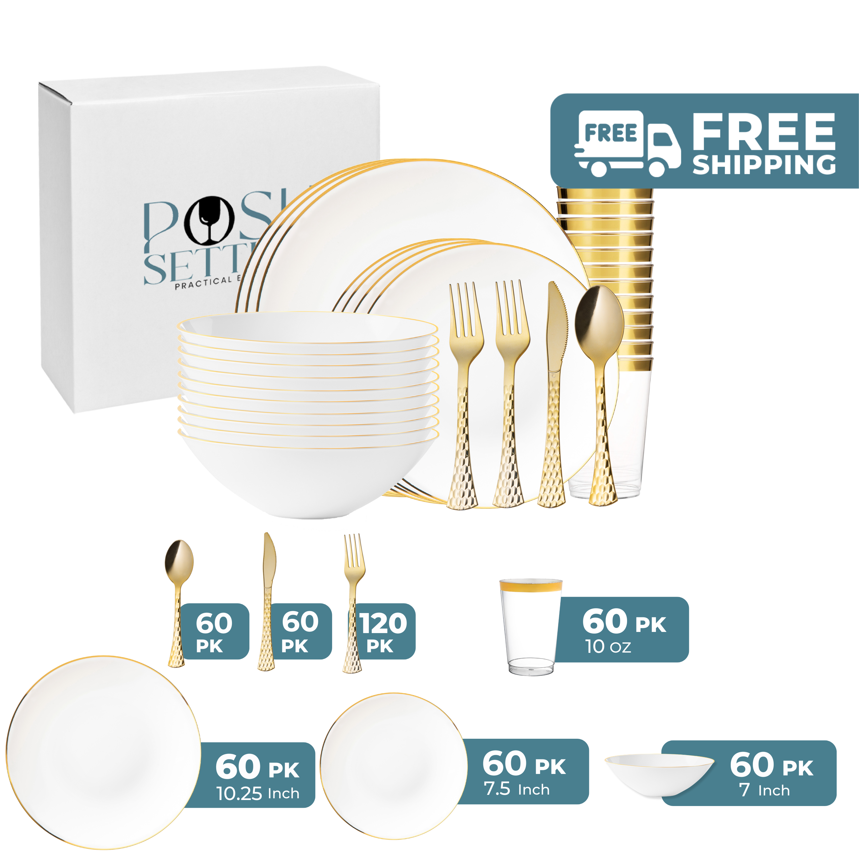 Premium Gold & White Plastic Party Supplies Bundle - Elegant Disposable Tableware for Weddings, Birthdays & Celebrations - Eco-Friendly & Stylish Party Decor