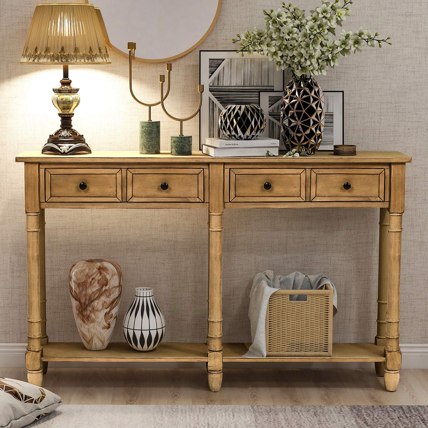 HOUAGI Entryway Console Table with 2 Storage Drawers & Bottom Shelf - Solid Wood Hallway Sofa Table for Living Room, Foyer - Easy Assembly (Old Pine) - Perfect for Small Spaces, Home Decor & Organizing Keys, Mail