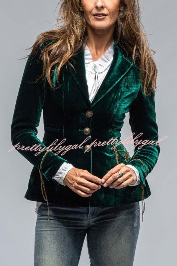 Vintage Gold Velvet Long Sleeve Pocket Blazer for Women - Elegant Formal Jacket with Pockets - Perfect for Office Wear, Parties & Special Occasions