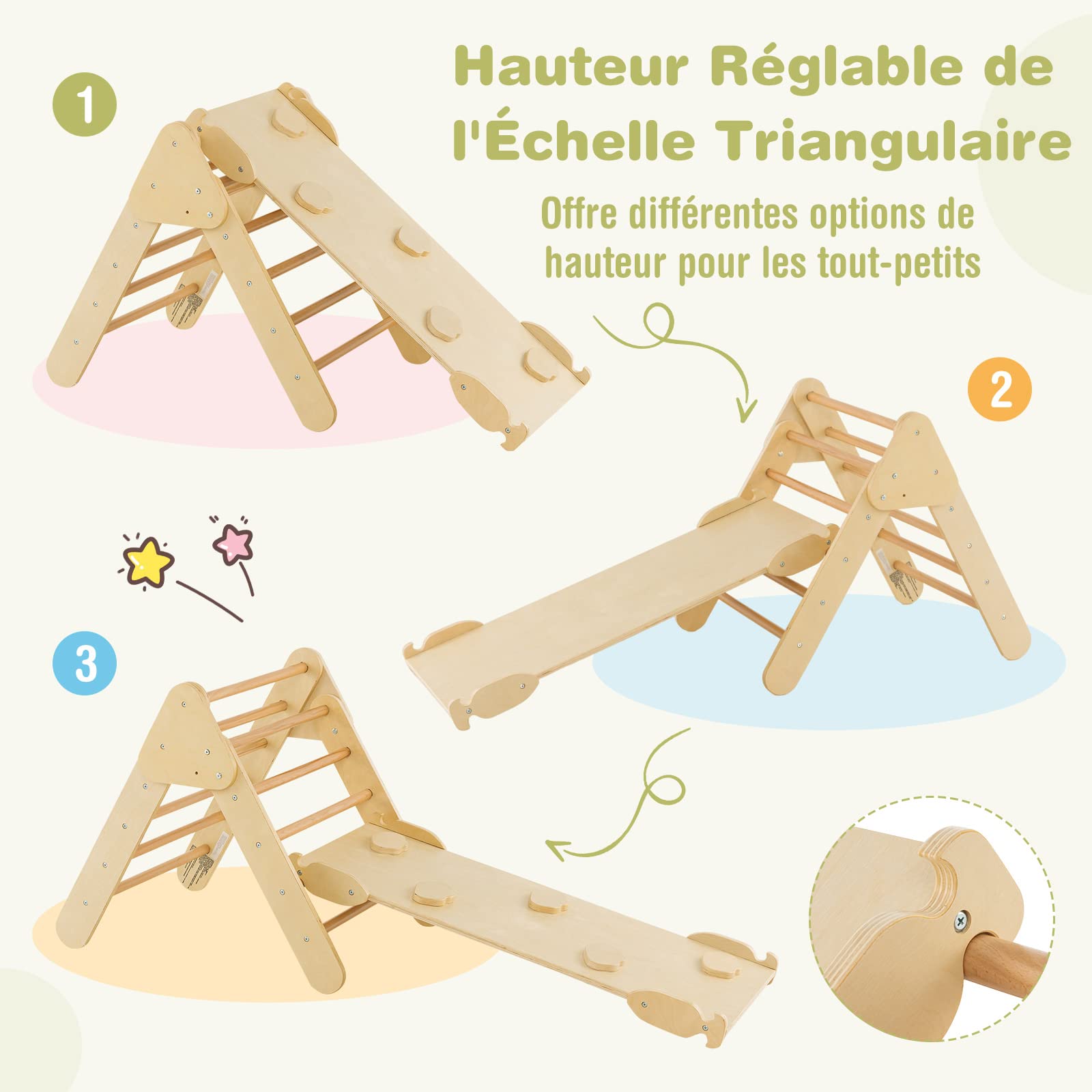 COSTWAY 7-in-1 Montessori Climbing Triangle with Double-Sided Ramp, Slide & Ladder - Solid Beech Wood Toddler Climbing Gym for Kids 1-6 Years (50kg Weight Limit) - Indoor Playroom, Nursery, Preschool Activity Equipment for Motor Skills Development