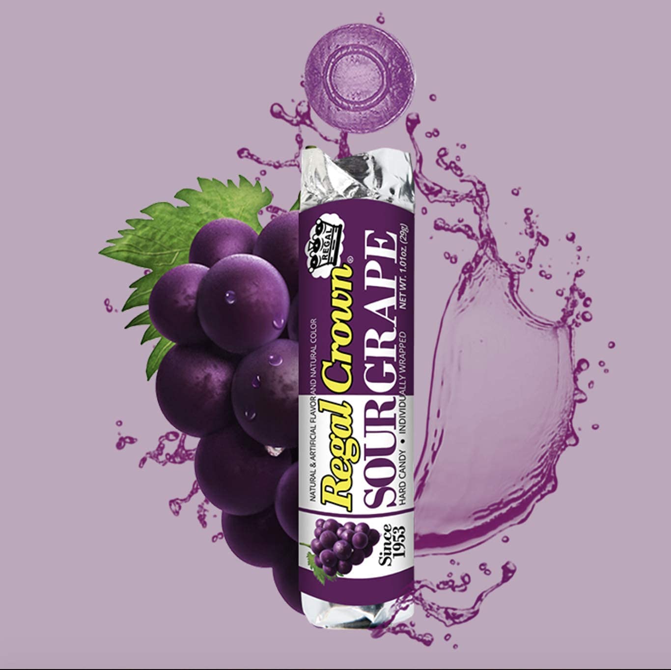 Regal Crown Sour Grape Candy Rolls 24 Count - Tart & Tangy Hard Candy for Parties, Halloween Treats & Office Snacks - Classic Old Fashioned Sour Grape Flavor by Iconic Candy Brand