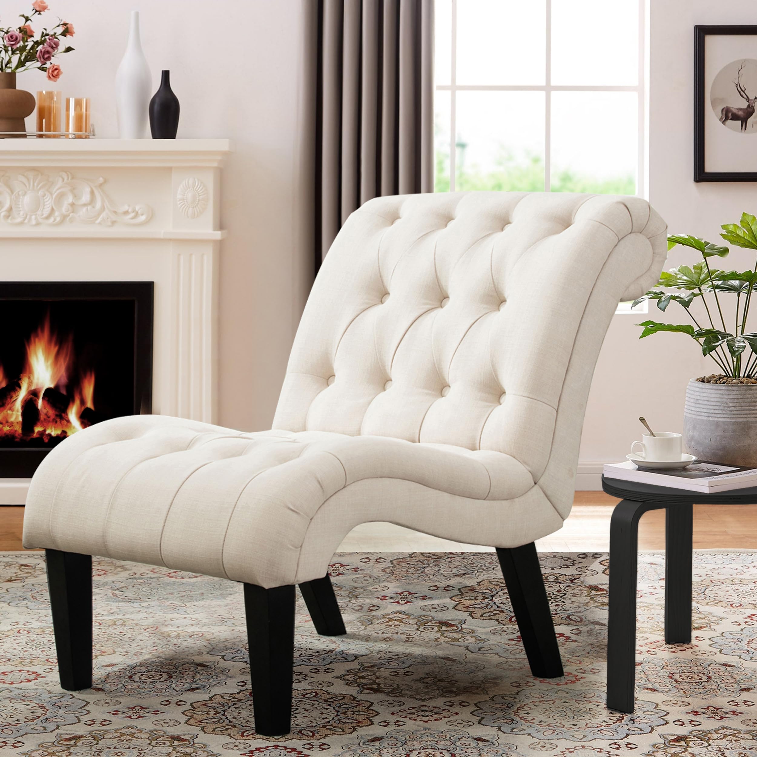 Yongqiang Tufted Upholstered Accent Chair with Wood Legs - Linen Fabric Lounge Chair for Bedroom, Living Room & Office - Perfect for Reading Nook, Cozy Corner or Guest Seating