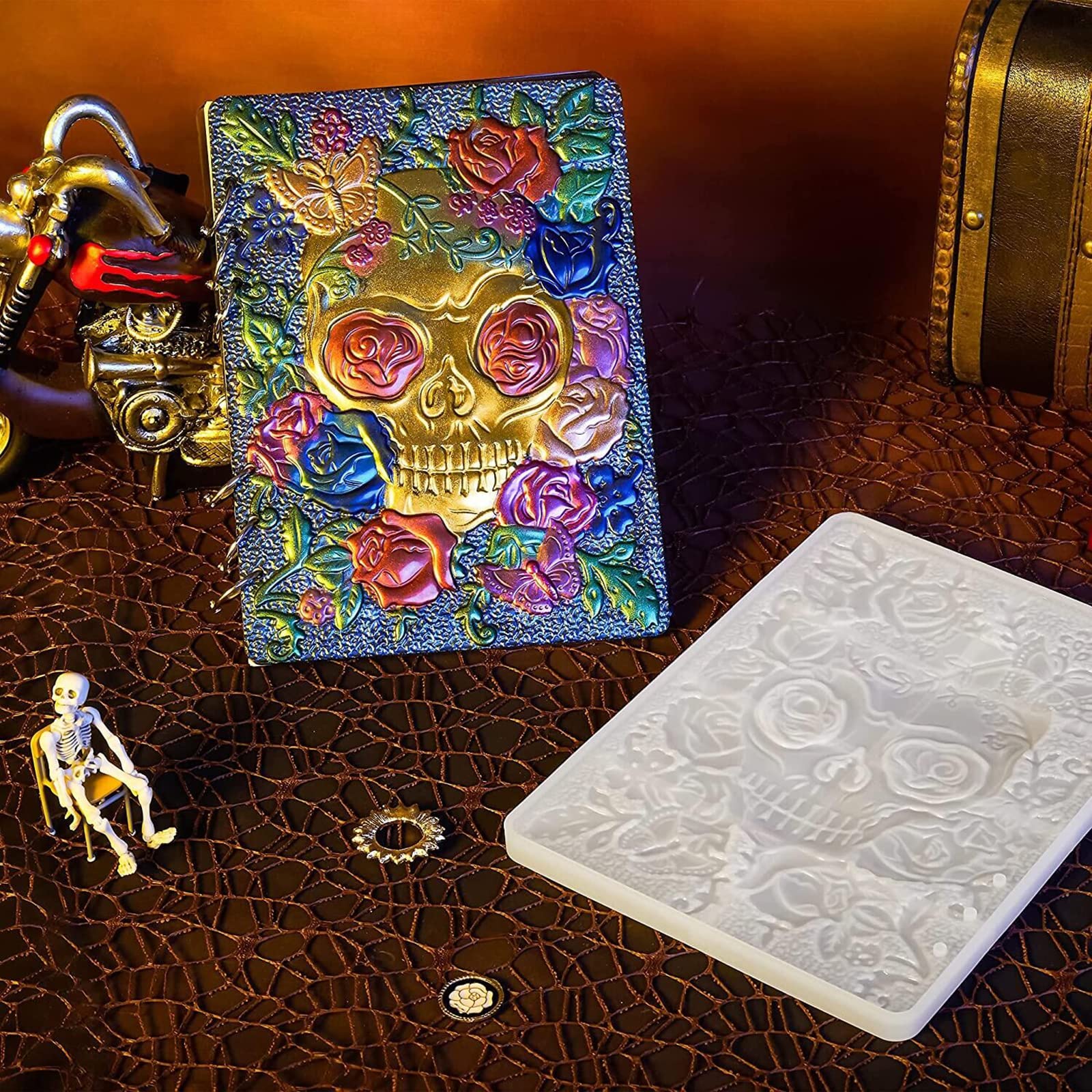 Halloween Skull Pattern Silicone Resin Molds for A5 Notebook Cover - DIY Epoxy Resin Crafting, Book Rings Included - Perfect for Handmade Journals, Scrapbooking & Unique Gift Making