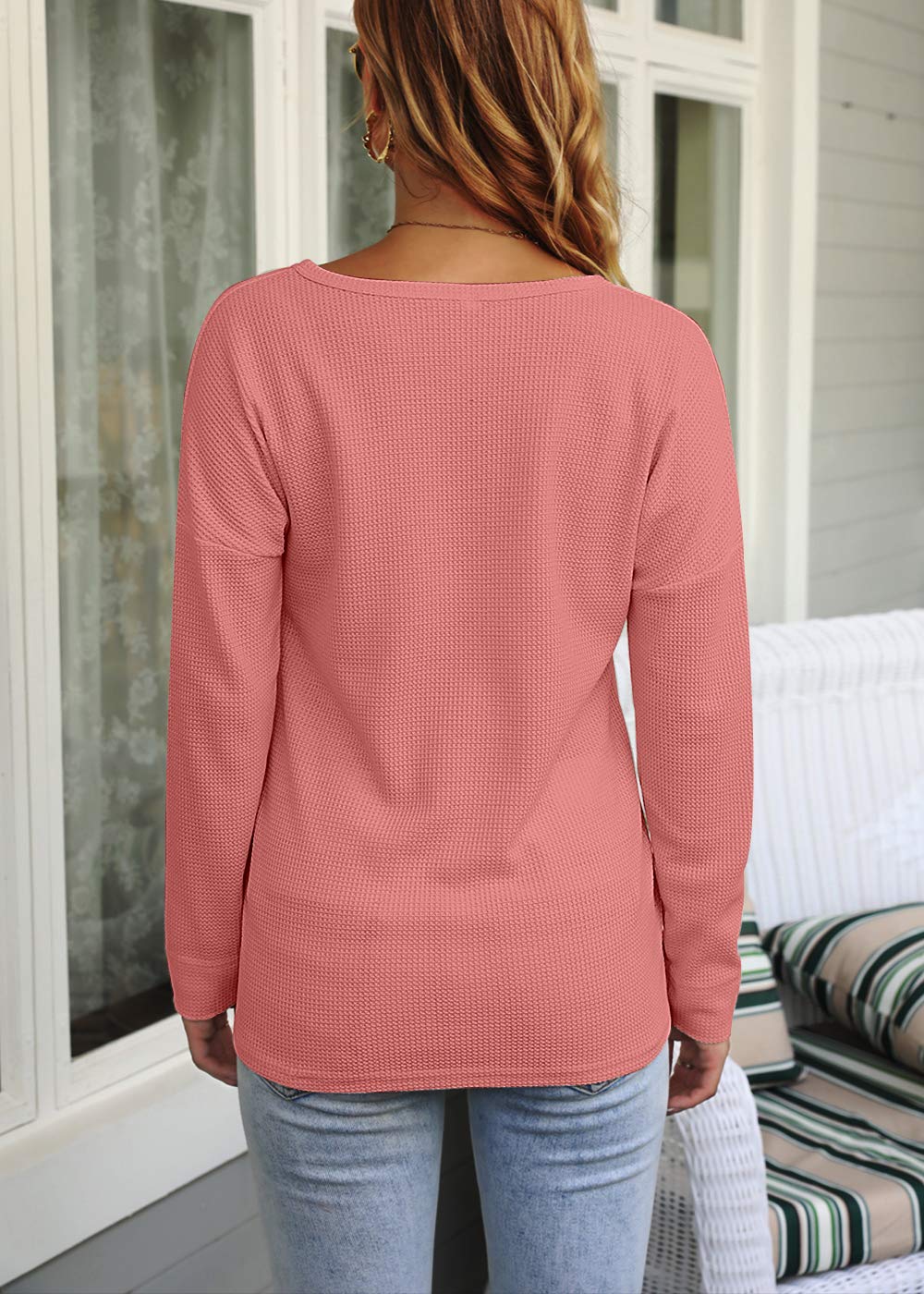 MOLERANI Women's Waffle Knit Tunic Top - Long Sleeve Loose Fit Button Up V-Neck Henley Shirt for Casual Wear, Office & Fall Outfits
