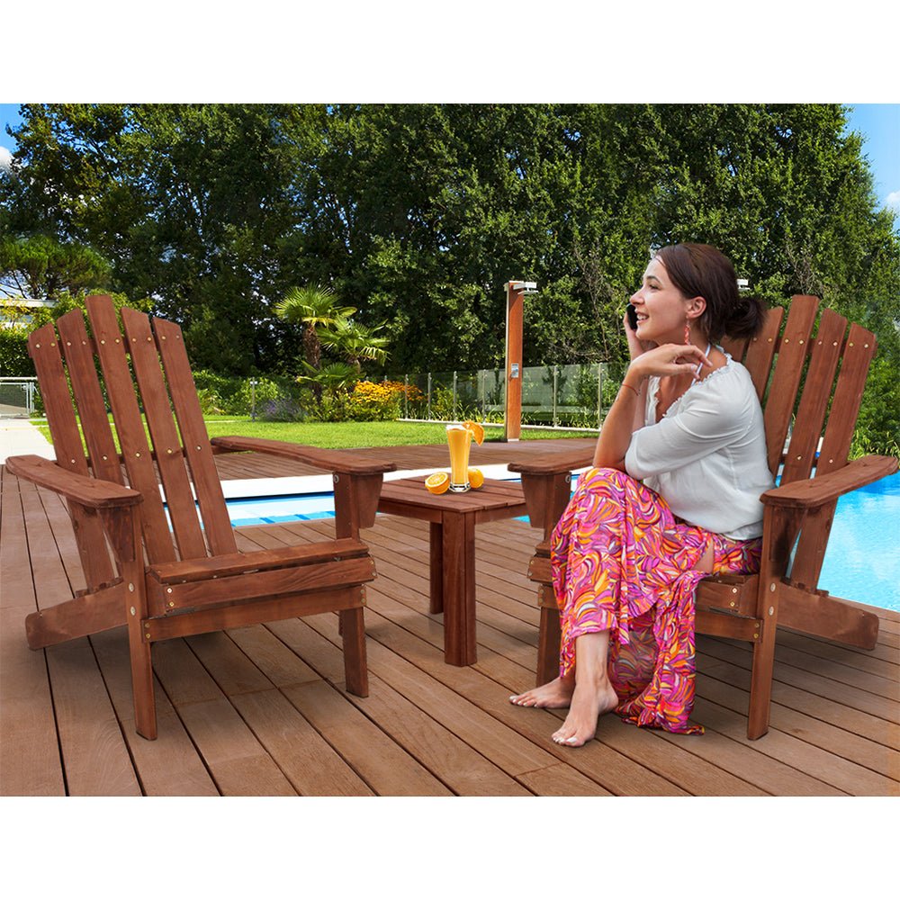 3-Piece Adirondack Outdoor Table and Chairs Set - Solid Wood Patio Furniture, Brown - Perfect for Beach, Garden, Deck, and Backyard Relaxation