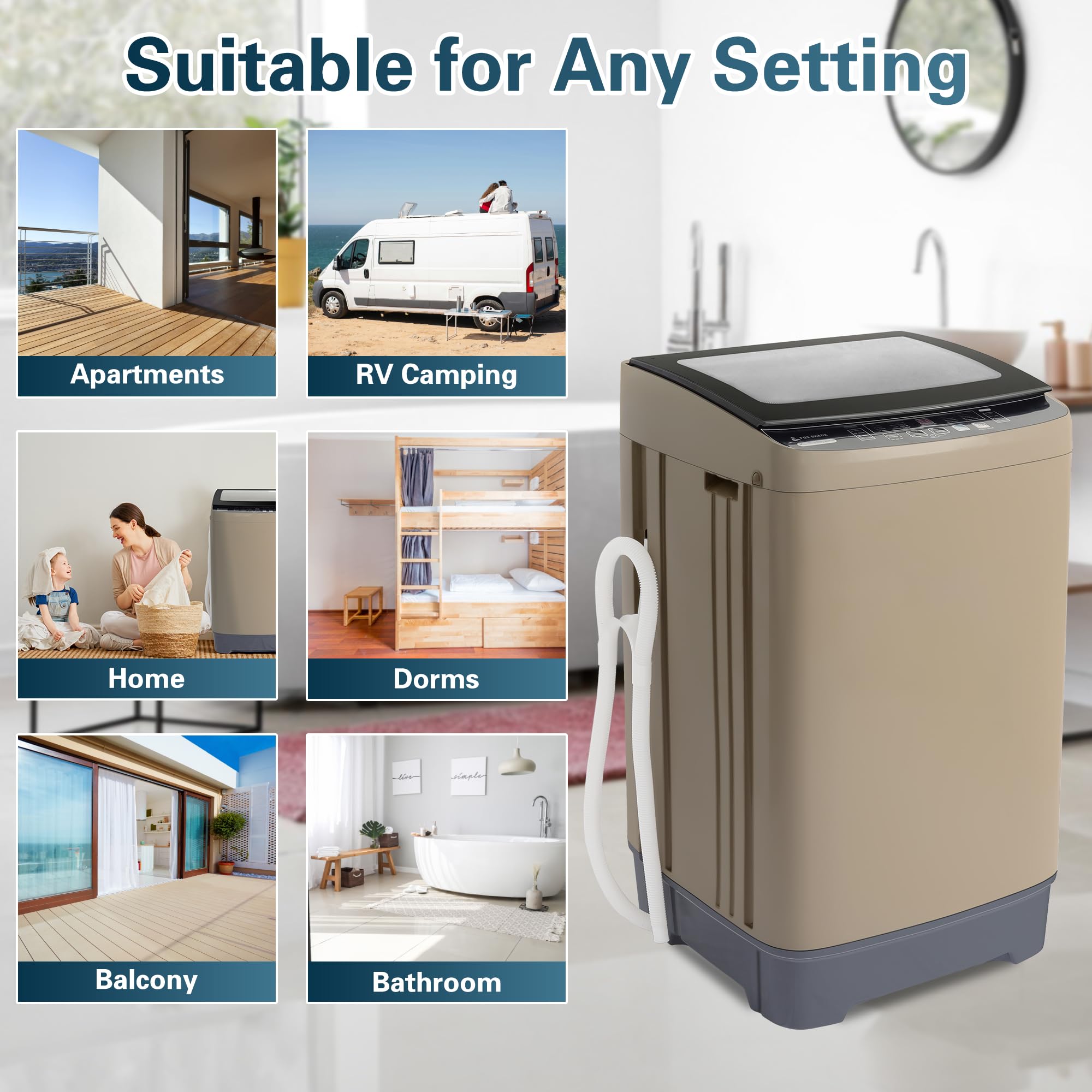 Compact Automatic Washing Machine 17.7LBS Capacity - Portable Washer with Glass Lid, 10 Programs & LED Display - 8 Water Level Options for Apartments, RV, Dorm - Perfect for Small Space Laundry & Travel Use (Gold)