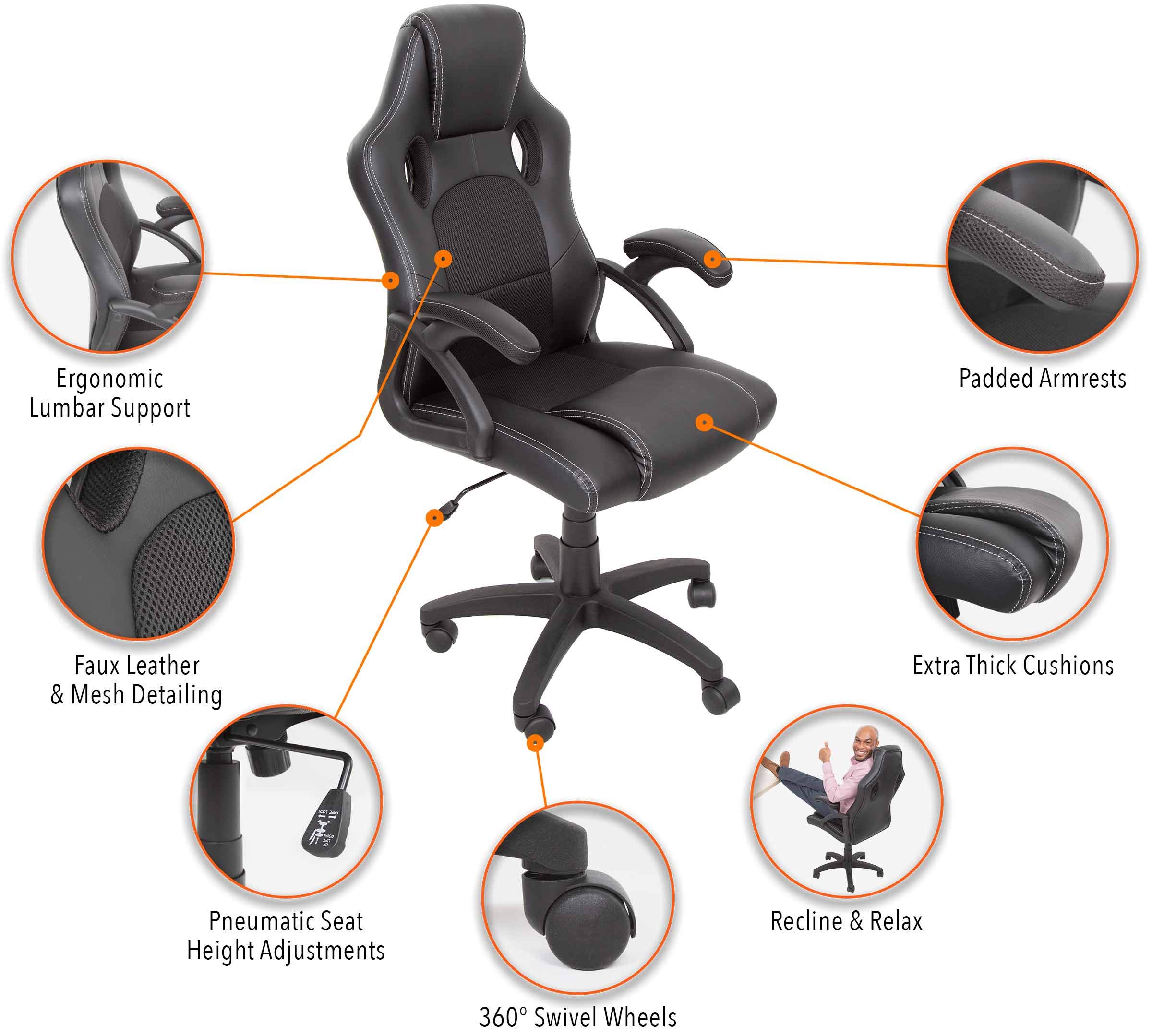Ergonomic Office Chair with Lumbar Support - Adjustable Height & Reclining Back - Padded Seat & Headrest - Swivel Wheels - Faux Leather Desk Chair for Home & Office - Perfect for Long Work Hours, Gaming, and Remote Work (Black)