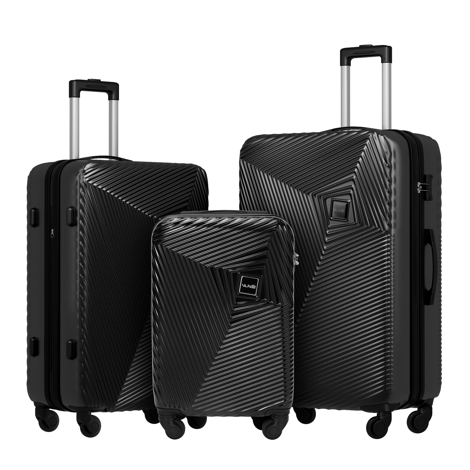 VLIVE 3 Piece Expandable Hard Shell Luggage Set with Spinner Wheels & TSA Lock - 20/24/28 Inch Suitcases (Black) - Perfect for International Travel, Family Vacations & Business Trips