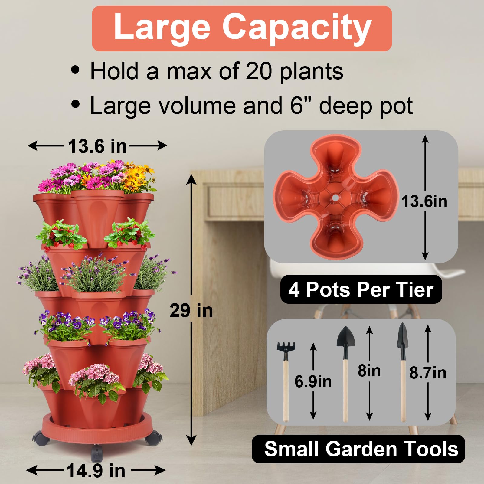 DUNCHATY 5-Tier Stackable Planter with Removable Wheels & Garden Tools - Vertical Indoor/Outdoor Flower Pots for Balcony, Patio, and Home Gardening