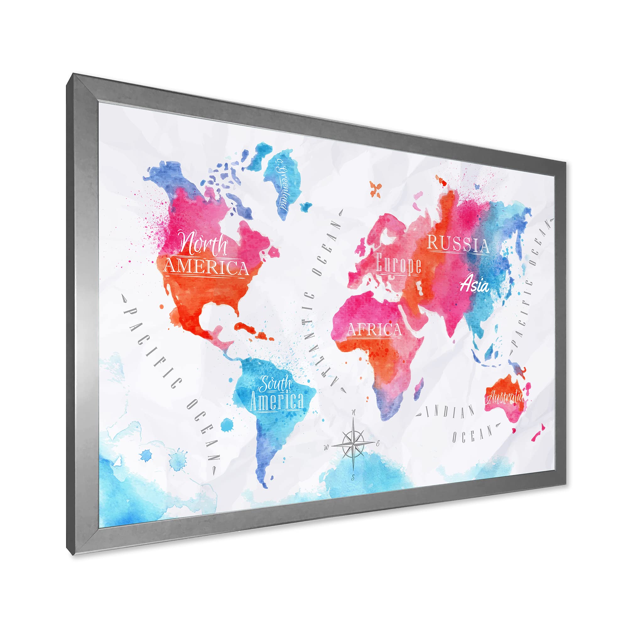Modern Pink and Blue Framed World Map Wall Art - Perfect for Home, Office & Classroom Decor