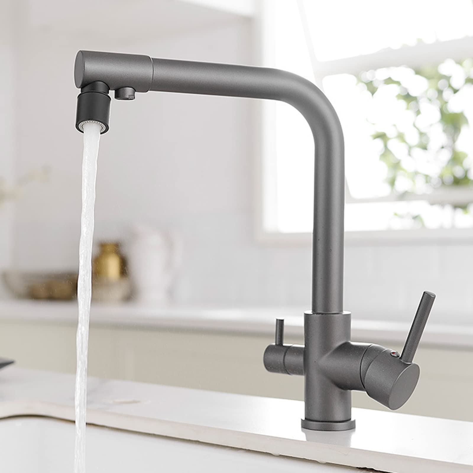 3-Way Kitchen Faucet with Pull-Down Sprayer - Grey Brushed Nickel Sink Faucet with Hot/Cold Water & Filtered Water - Perfect for Modern Kitchens, Bar Sinks & RV Use