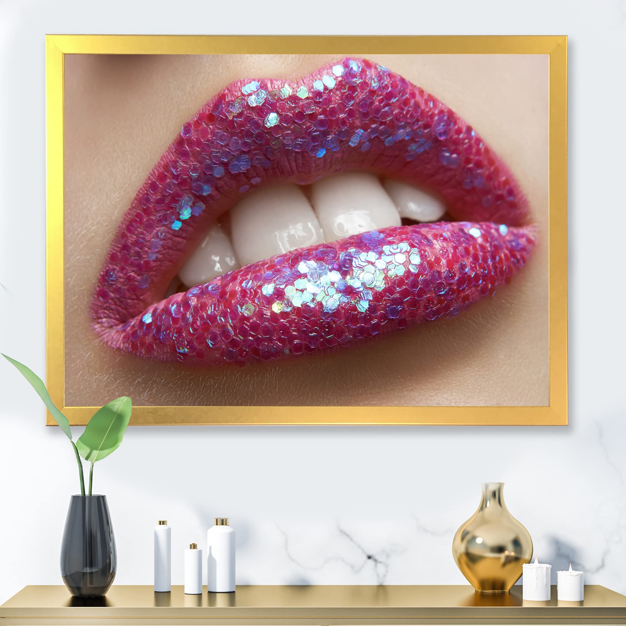Pink Lipstick and Sequins Modern Framed Wall Art for Women - Elegant Home Decor for Living Room, Bedroom & Office