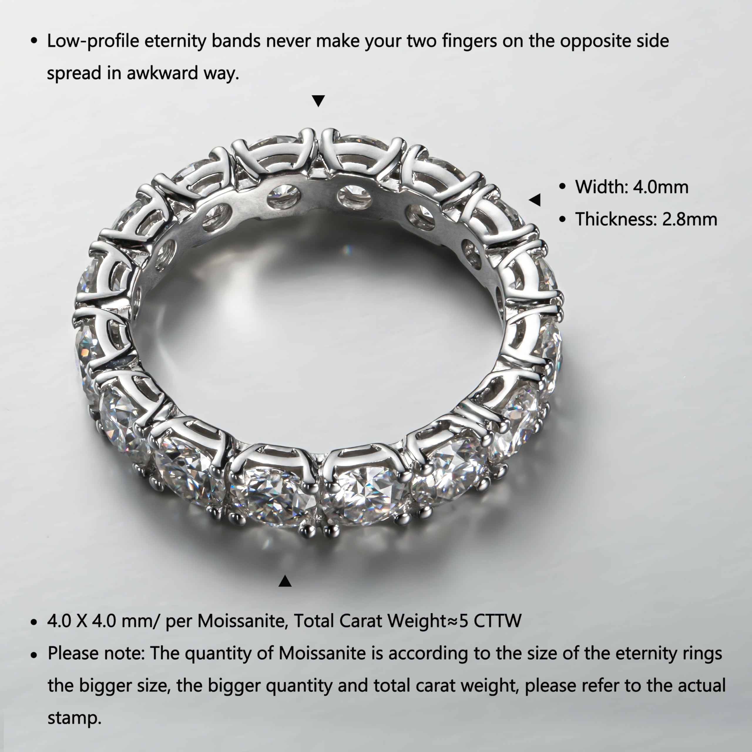 4.0mm 5 CTTW D-Color VVS Moissanite Eternity Wedding Band for Women - Platinum Plated Silver Stackable Engagement & Anniversary Ring - Perfect for Bridal Sets, Promise Rings & Special Occasions