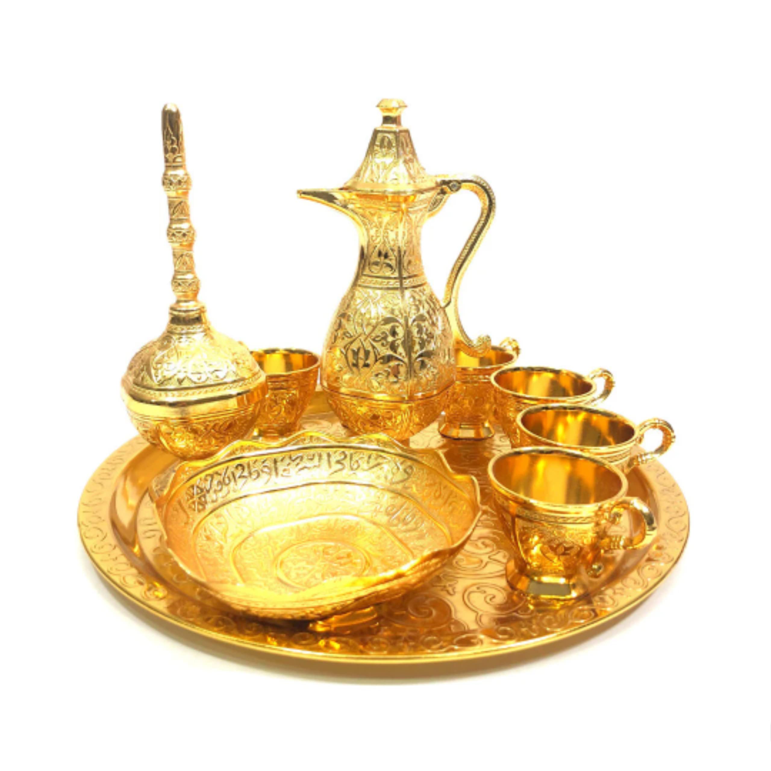 Vintage Turkish Coffee & Tea Set - Gold Metal Zamzam Water Pot with Serving Tray, 6 Cups & Bowl | Mid Century Islamic Decor for Home & Gifts | Perfect for Traditional Coffee Ceremonies & Tea Parties