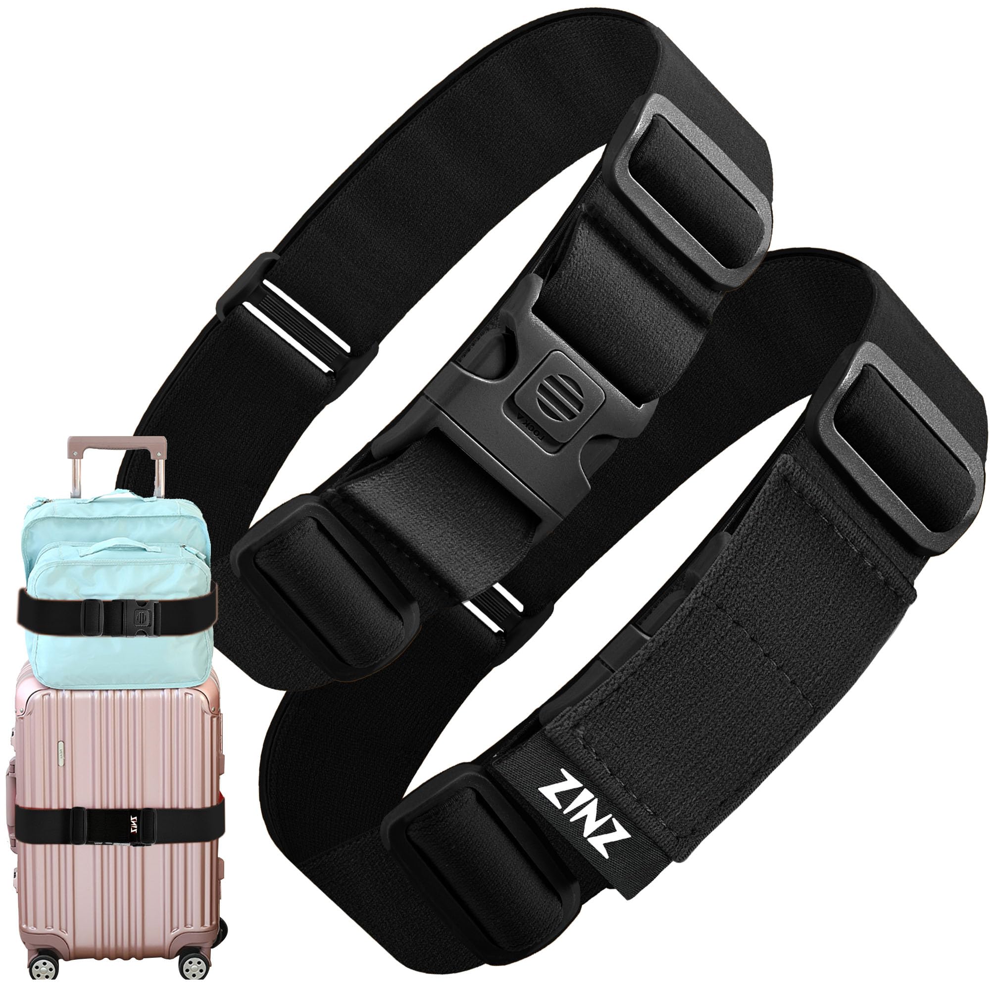 ZINZ 2-Pack Heavy Duty Elastic Luggage Straps with Anti-Pinch Buckles - Adjustable Suitcase Bungee Belts for Travel (1 Short & 1 Long, Black) | Secure & Organize Luggage for Airplane, Train & Road Trips