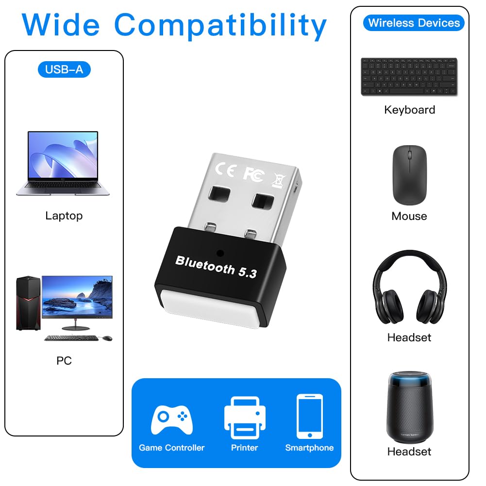 AXFEE USB Bluetooth 5.3 Adapter for PC Laptop Desktop - Wireless Bluetooth Dongle Receiver Compatible with Windows 11/10/8.1 - Works with Game Controllers, Headsets, Phones, Keyboards & Mice - Plug and Play - Ideal for Gaming, Office Work & Home Entertainment