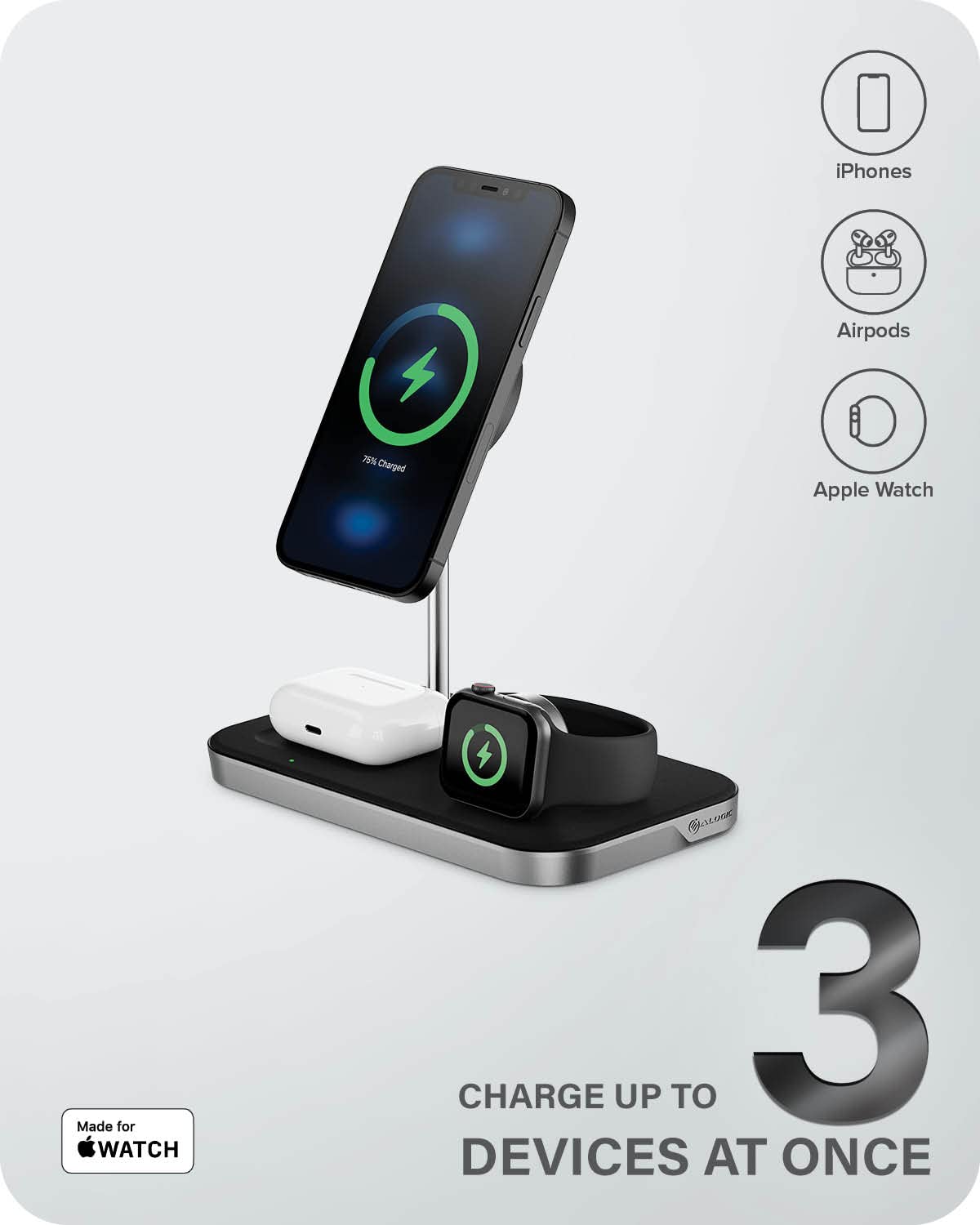 ALOGIC MagSpeed 3-in-1 Wireless Charging Station with LED Indicator | Magsafe Compatible for iPhone 15/14/13/12 Series | Fast Charging for AirPods & Apple Watch | Certified Safe | Perfect for Home, Office & Travel Use