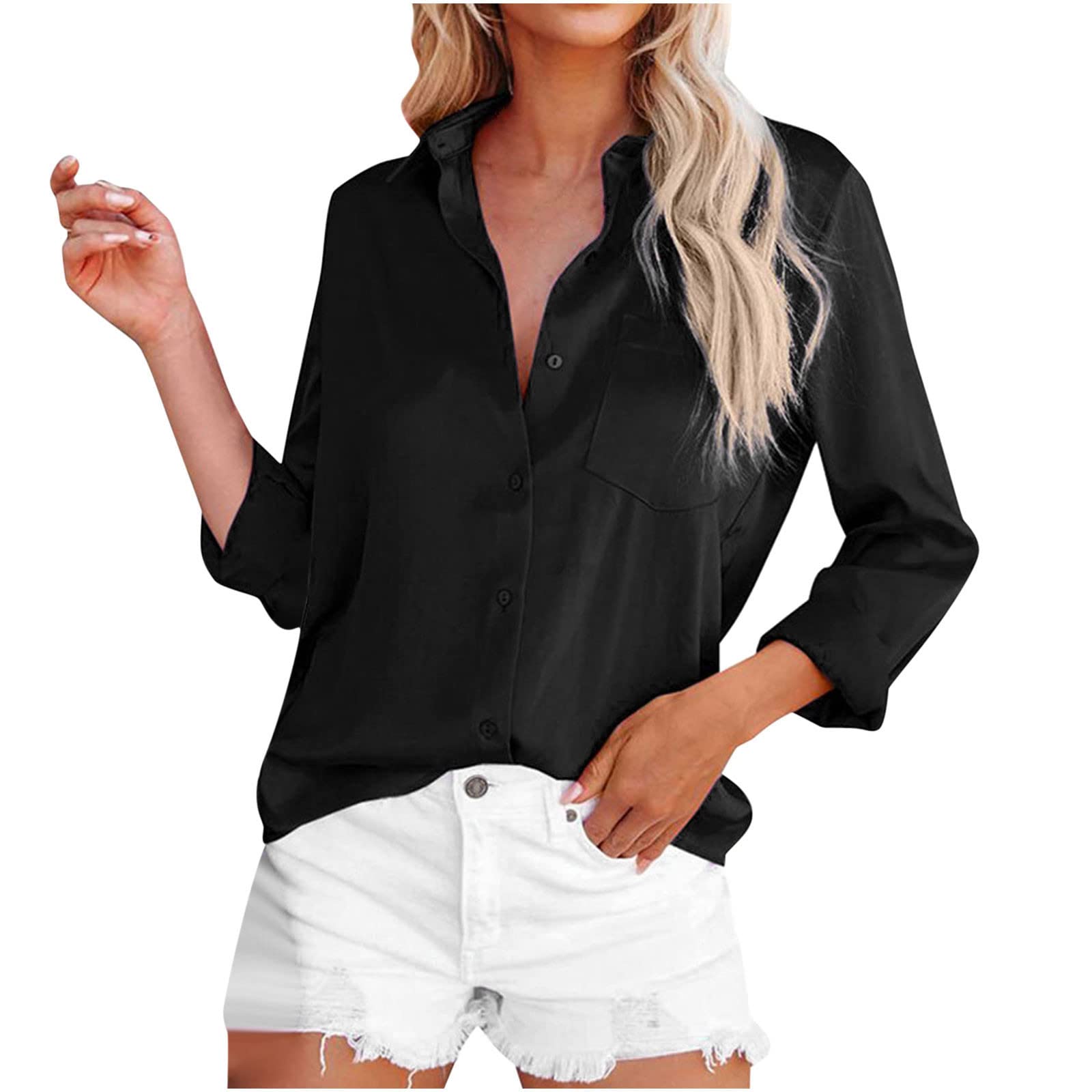 2022 Women's Linen Button Down Shirt - Elegant V-Neck Long Sleeve Blouse for Summer & Fall | Loose Fit Casual Top in Trendy Black | Perfect for Office Wear, Date Nights & Weekend Outings