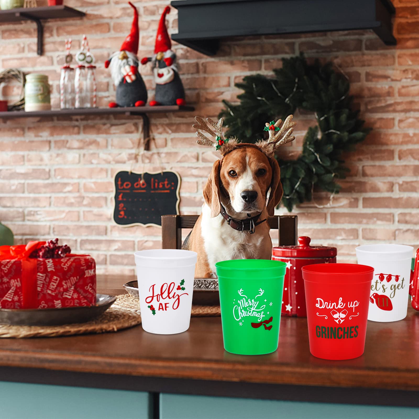 24 Pack Christmas Party Plastic Cups - 16oz Red & Green Holiday Stadium Cups with 4 Festive Drinking Pun Designs, Perfect for Christmas Party Supplies, Office Celebrations & Family Gatherings