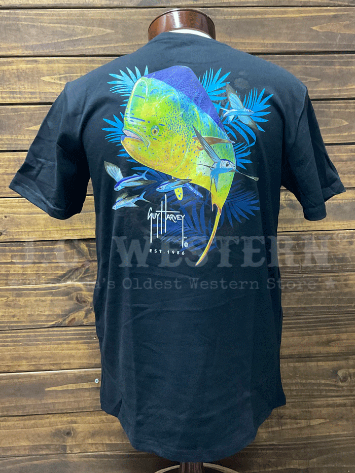 Guy Harvey GHV56000 BLK Men's Mahi Palms Short Sleeve T-Shirt - Black | Comfortable Casual Wear for Fishing, Beach & Outdoor Activities