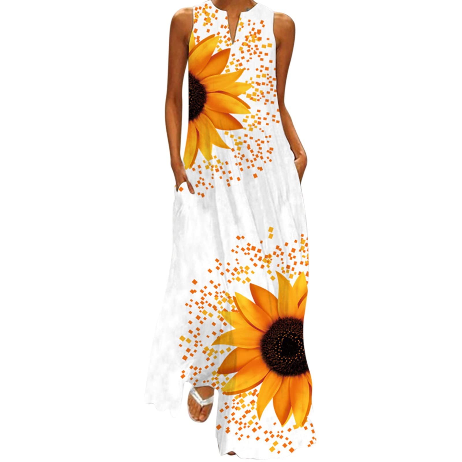 Women's Summer Casual Loose Dress - Sexy V-Neck Sleeveless Long Dress with Digital Printing | Beach Wear, Vacation Outfit, Party Dress