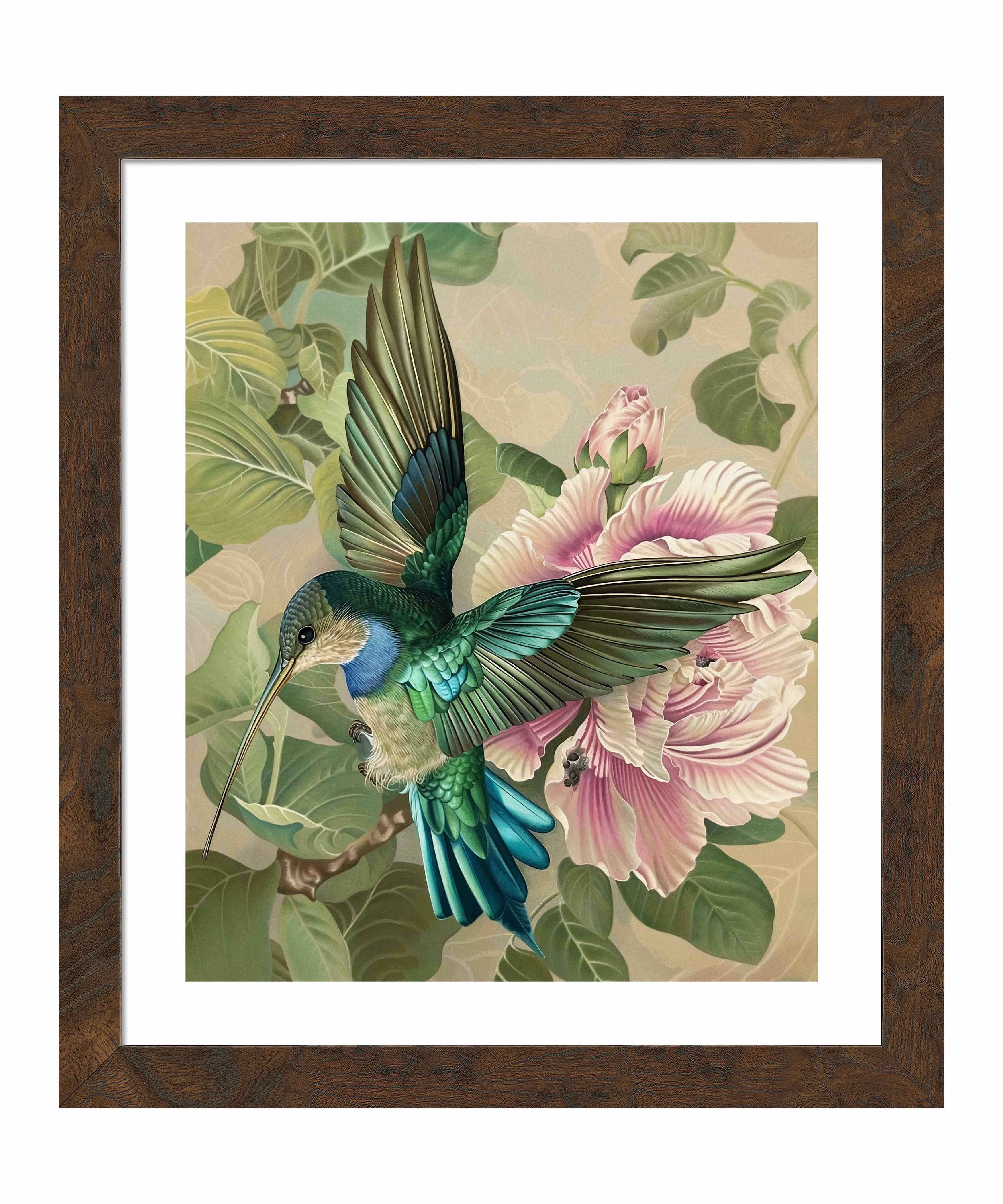 Emerald Flight Hummingbird Among Hibiscus Wall Art Print - Vibrant Tropical Home Decor for Living Room, Bedroom & Office