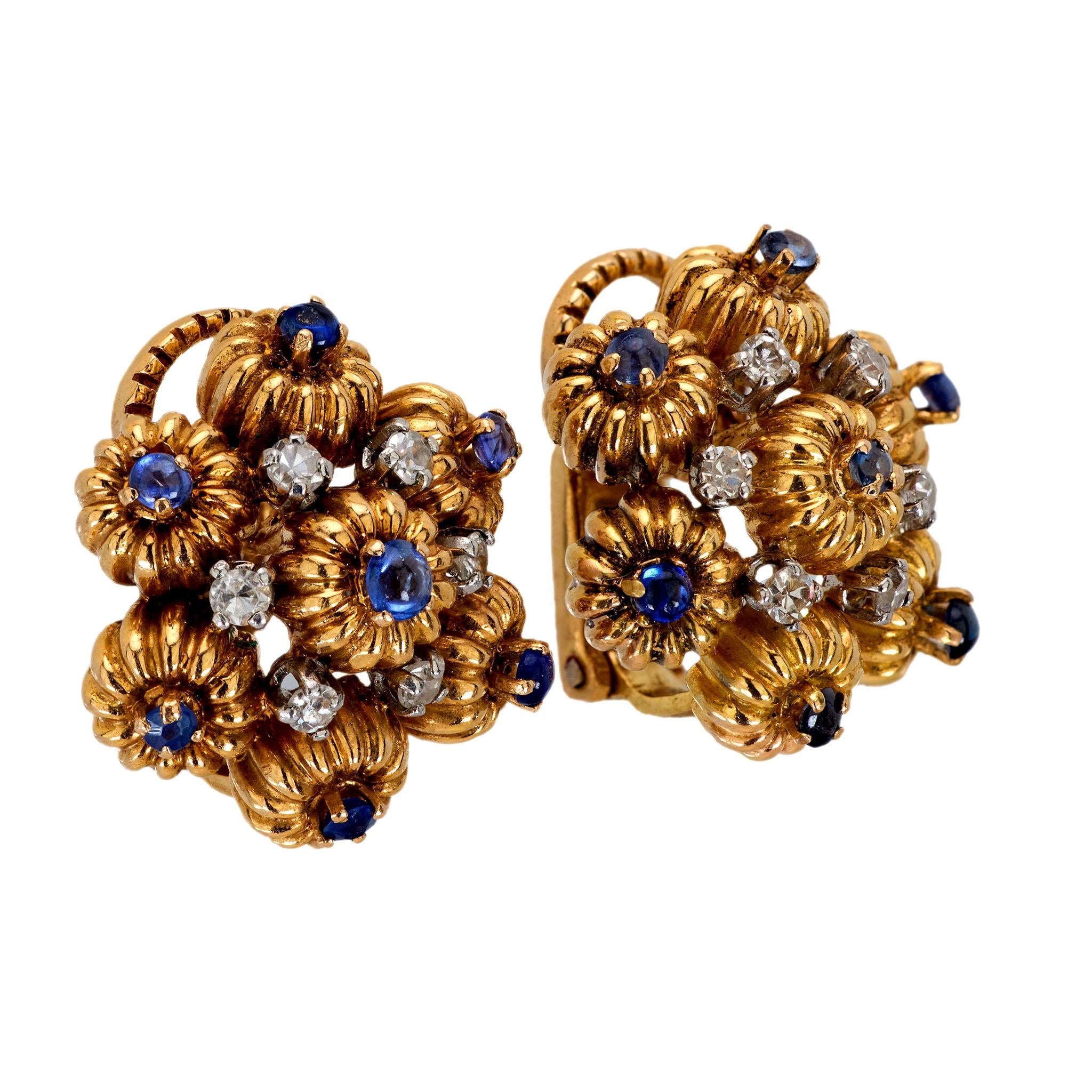 Vintage French Sapphire Diamond 18K Yellow Gold Earrings – Elegant Dangle Drop Earrings for Women, Perfect for Weddings, Parties & Special Occasions
