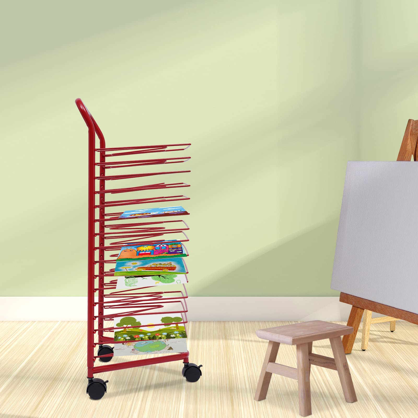 16-Shelf Metal Art Drying Rack with Wheels - Heavy Duty Classroom Paint Storage Display Organizer for Kids Artwork, School Projects & Craft Drying - Perfect for Art Rooms, Studios & Preschools