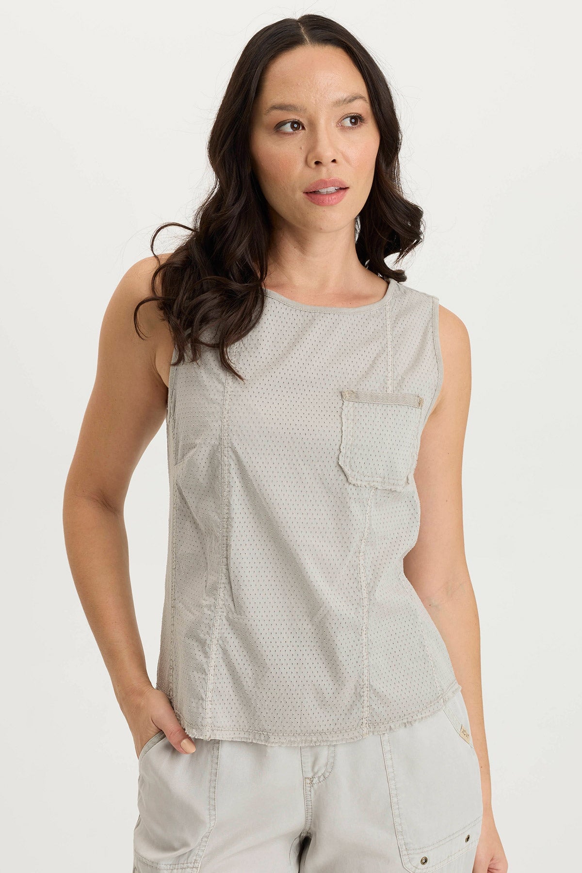 Landis Perforated Poplin & Jersey Pocket Tank Top - Breathable Summer Casual Shirt for Men & Women | Perfect for Outdoor Activities, Travel, and Everyday Wear