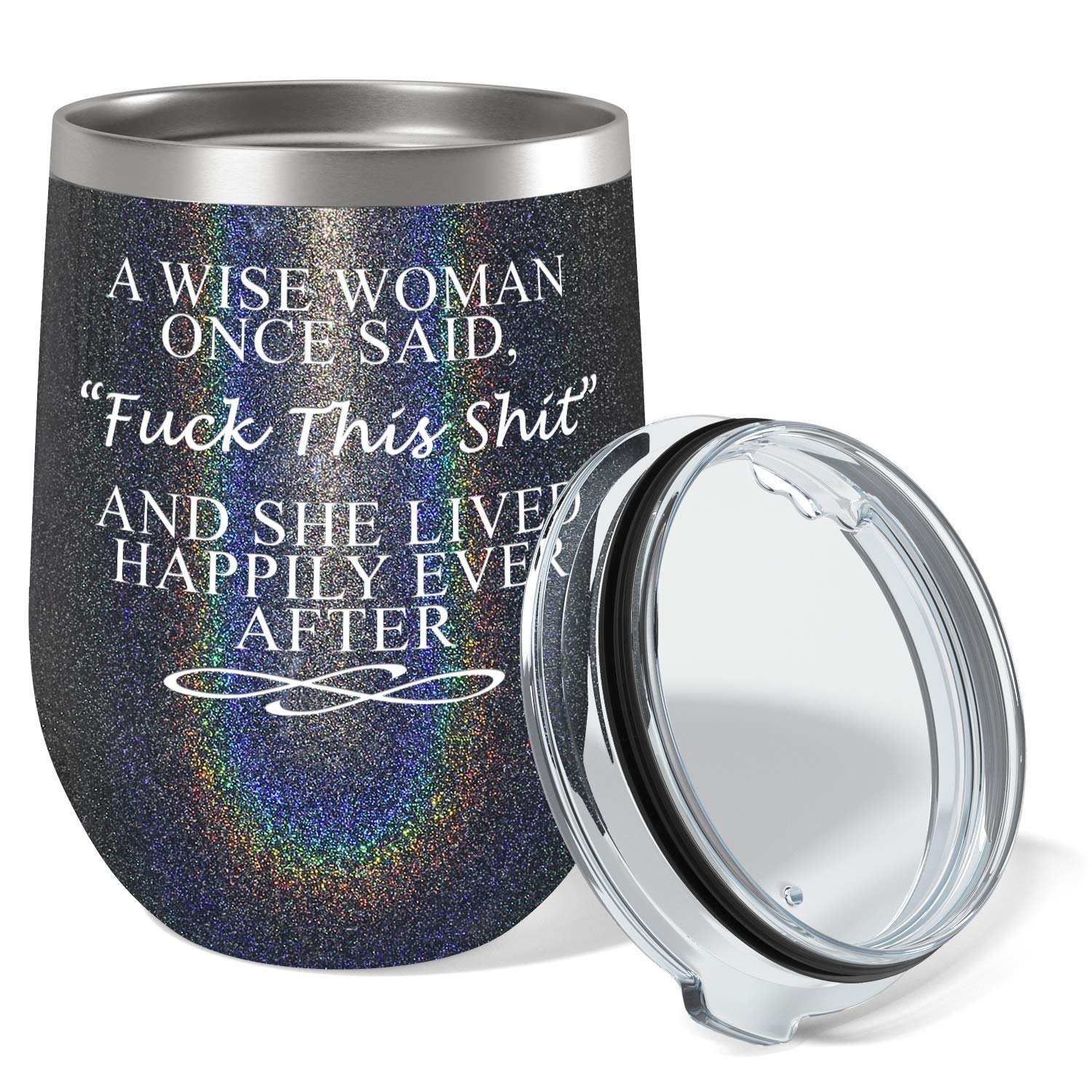 Funny Wine Tumbler for Women - 12oz Black Glitter Cup with Inspirational Quote 'A Wise Woman Once Said' - Perfect Birthday Gift for Mom, Wife, Best Friend, Girlfriend & Coworker - Great for Parties, Office Use & Daily Coffee/Drinks