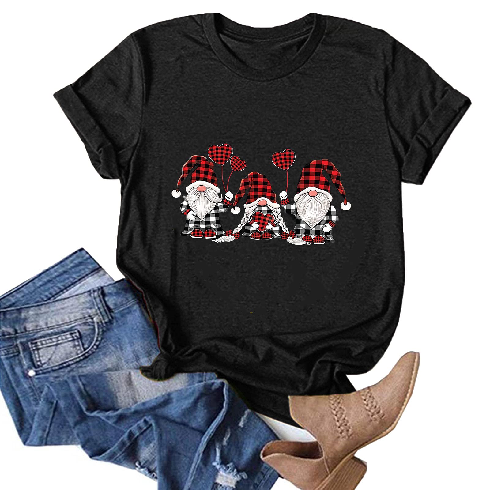 Stylish Christmas Gnomes Print Round Neck Short-Sleeve T-Shirt for Women & Men - Casual Holiday Wear for Parties, Gifts & Festive Outfits