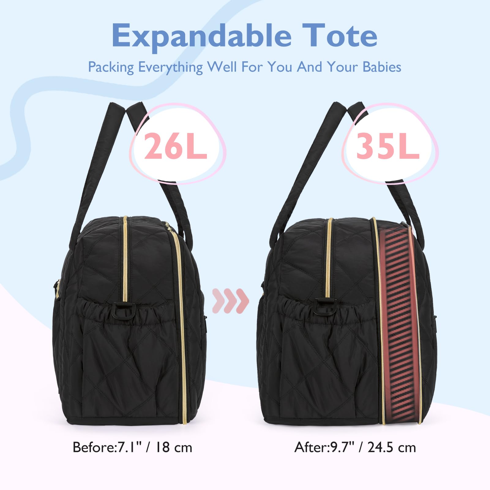Mommore Large Expandable Diaper Bag Tote for Twins & 2 Kids - Quilted Baby Travel Bag, Hospital Essentials for Mom & Weekender Organizer | Perfect for Daycare, Travel & Family Outings